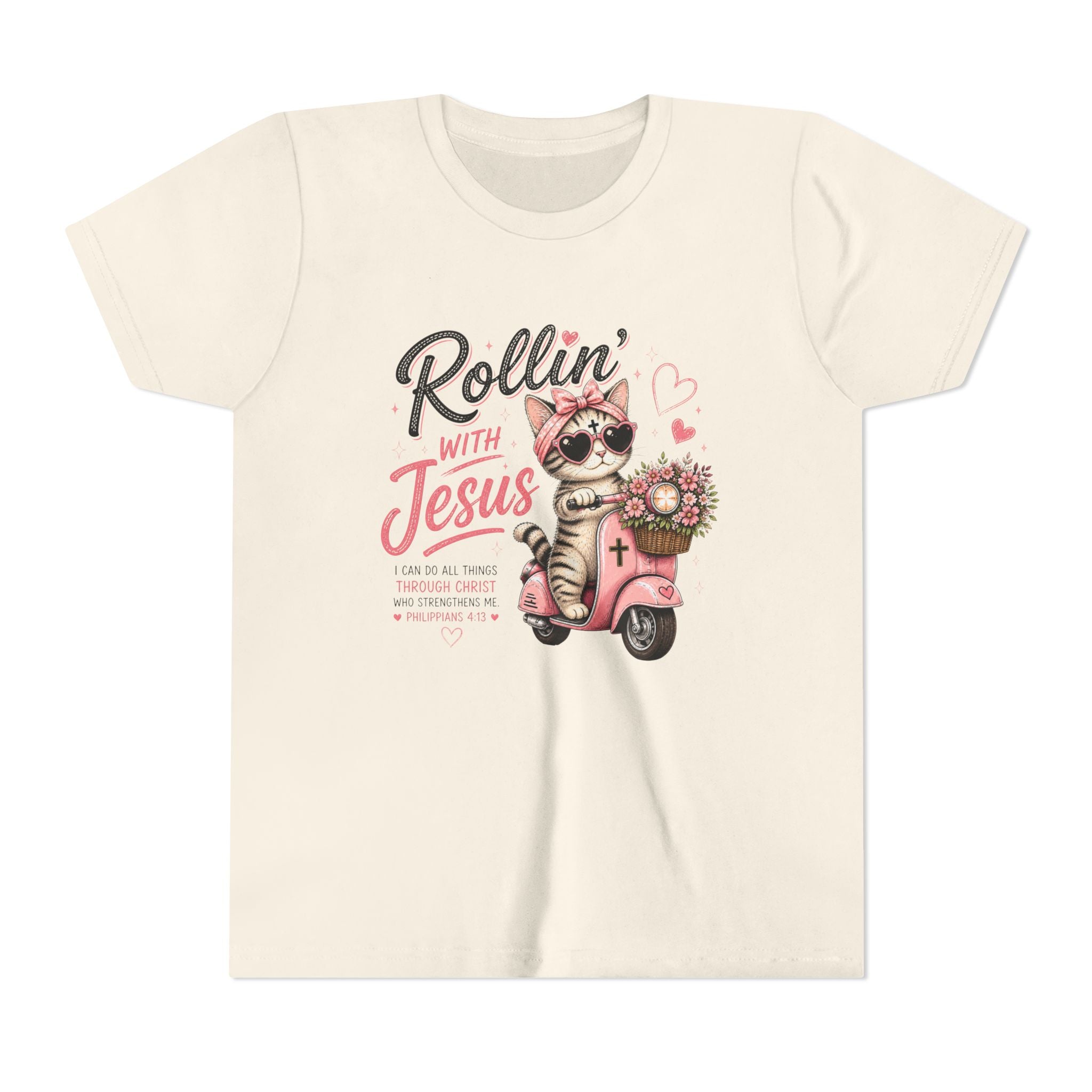 Rollin' with Jesus Cat Shirt | Christian Girl Youth Tee | Cute Bible Verse Shirt
