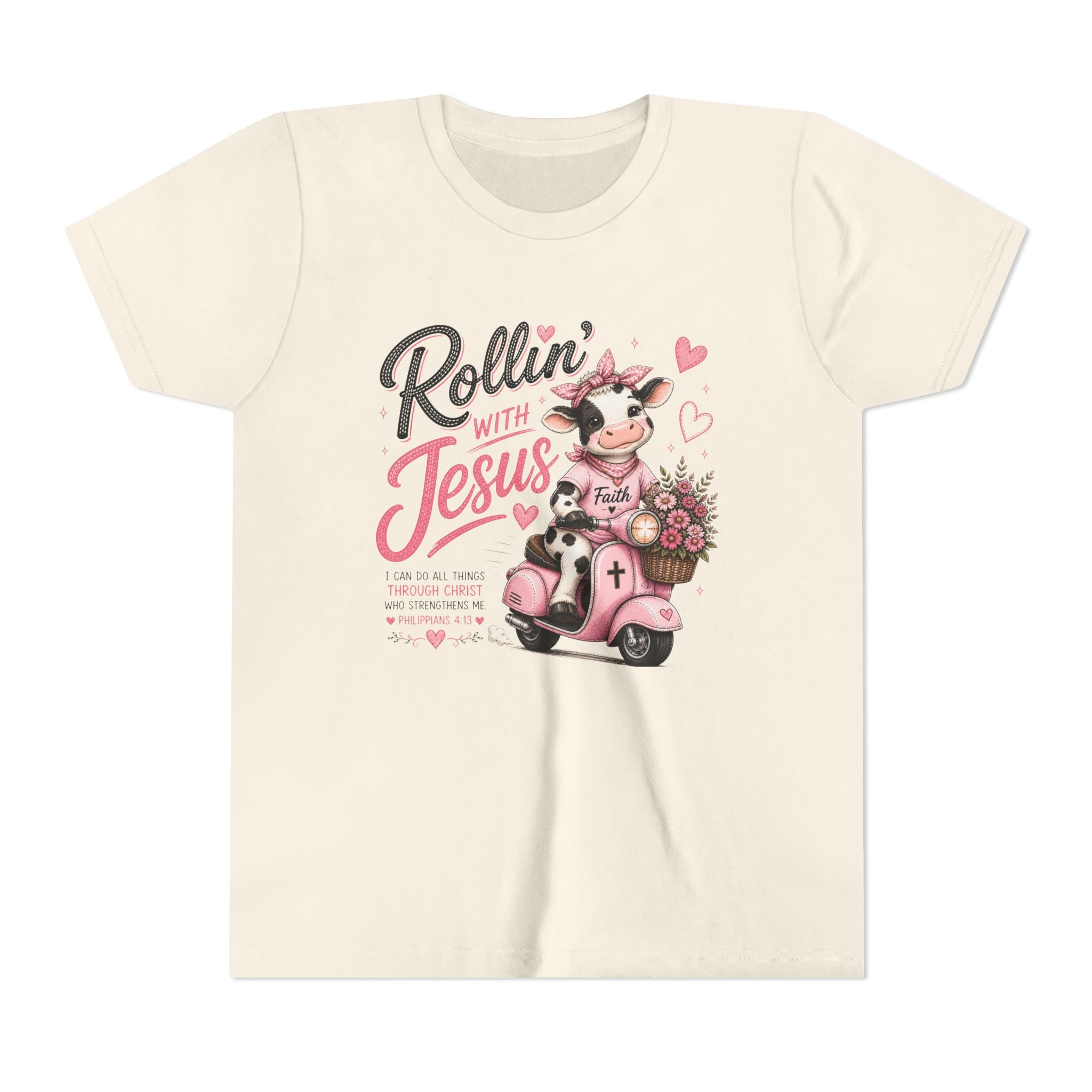 Rollin' with Jesus Cow Shirt | Christian Girl Youth Tee | Cute Bible Verse Shirt