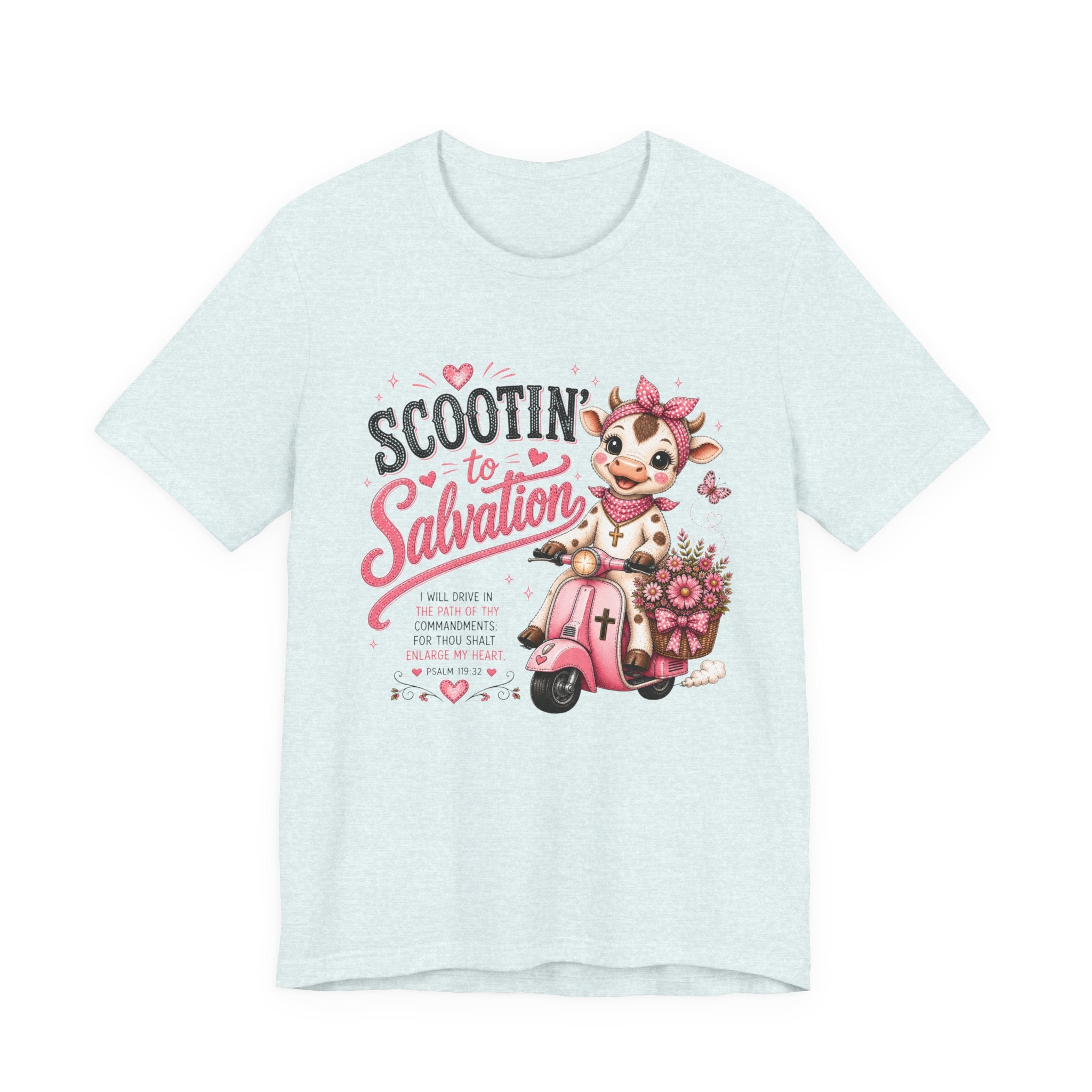 Scootin' to Salvation Cow Shirt for Women | Cute Christian Bible Verse Tee