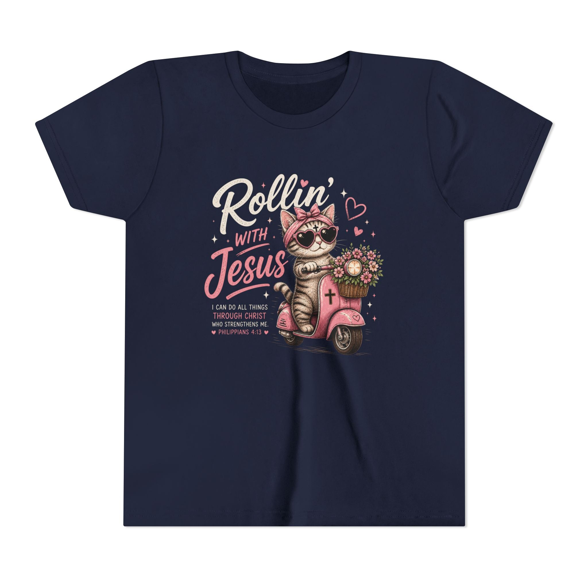 Rollin' with Jesus Cat Shirt | Christian Girl Youth Tee | Cute Bible Verse Shirt