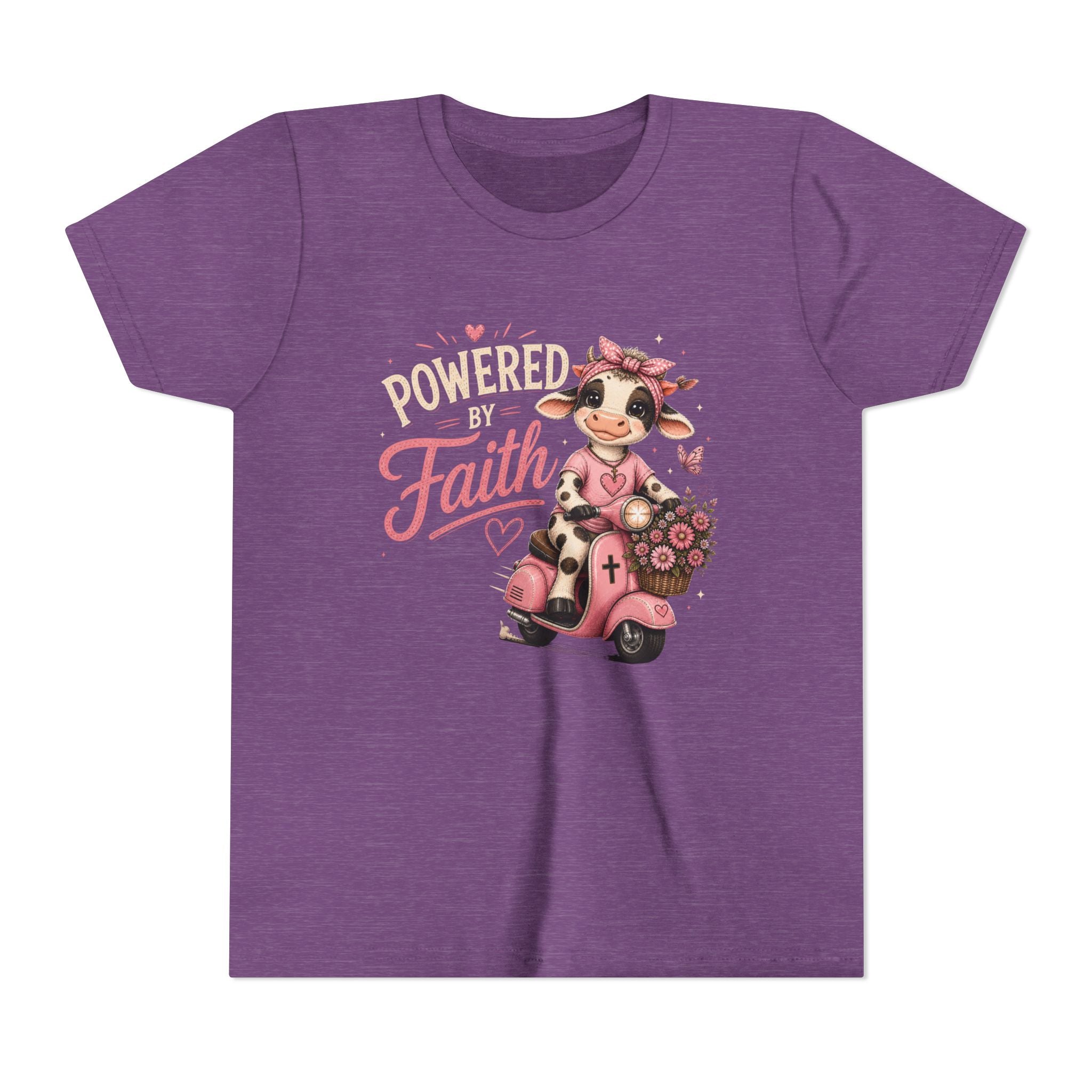 Powered by Faith Cow Shirt for Girls | Christian Youth Tee | Cute Farm Animal Shirt
