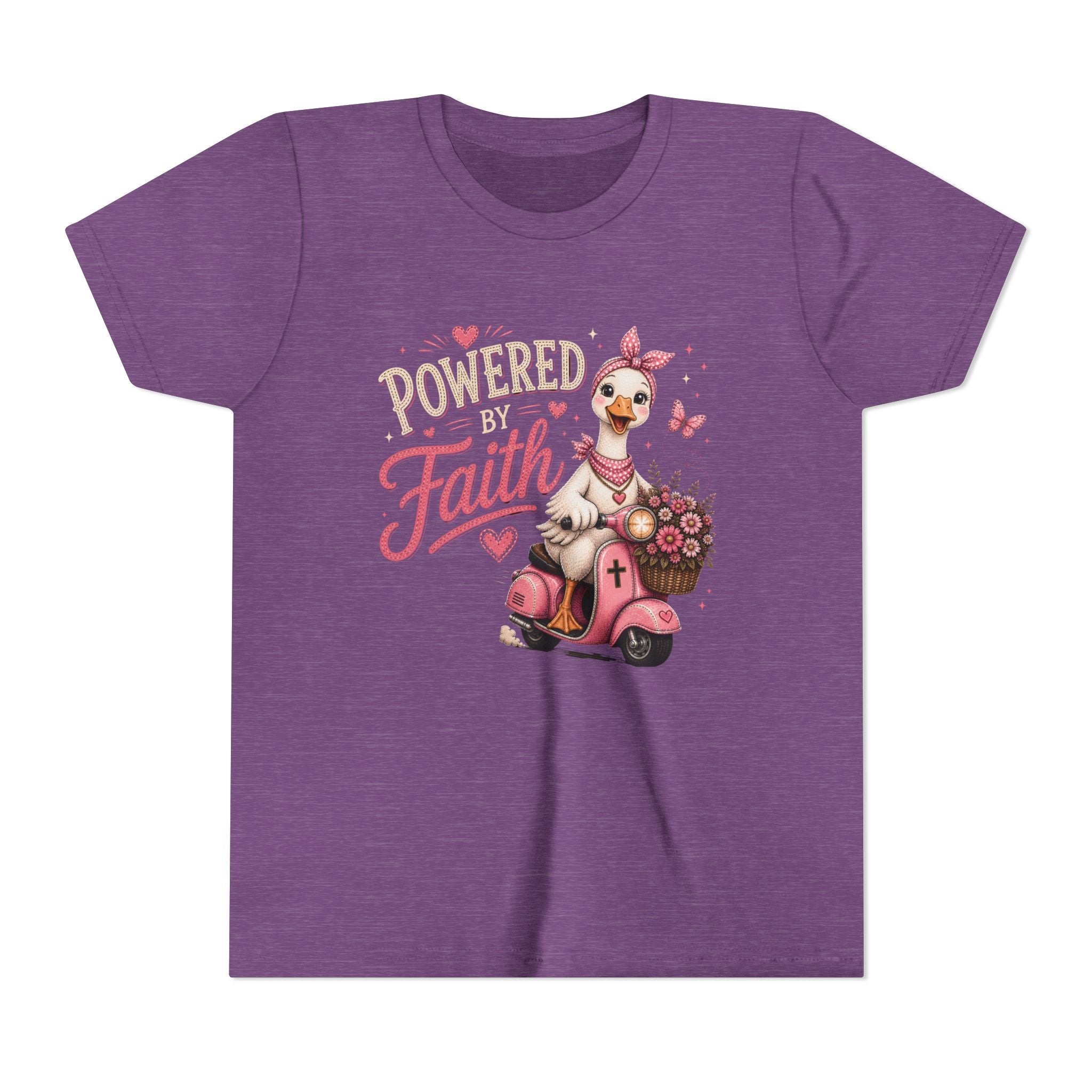 Powered by Faith Goose Shirt for Girls | Christian Youth Tee | Cute Farm Animal Shirt