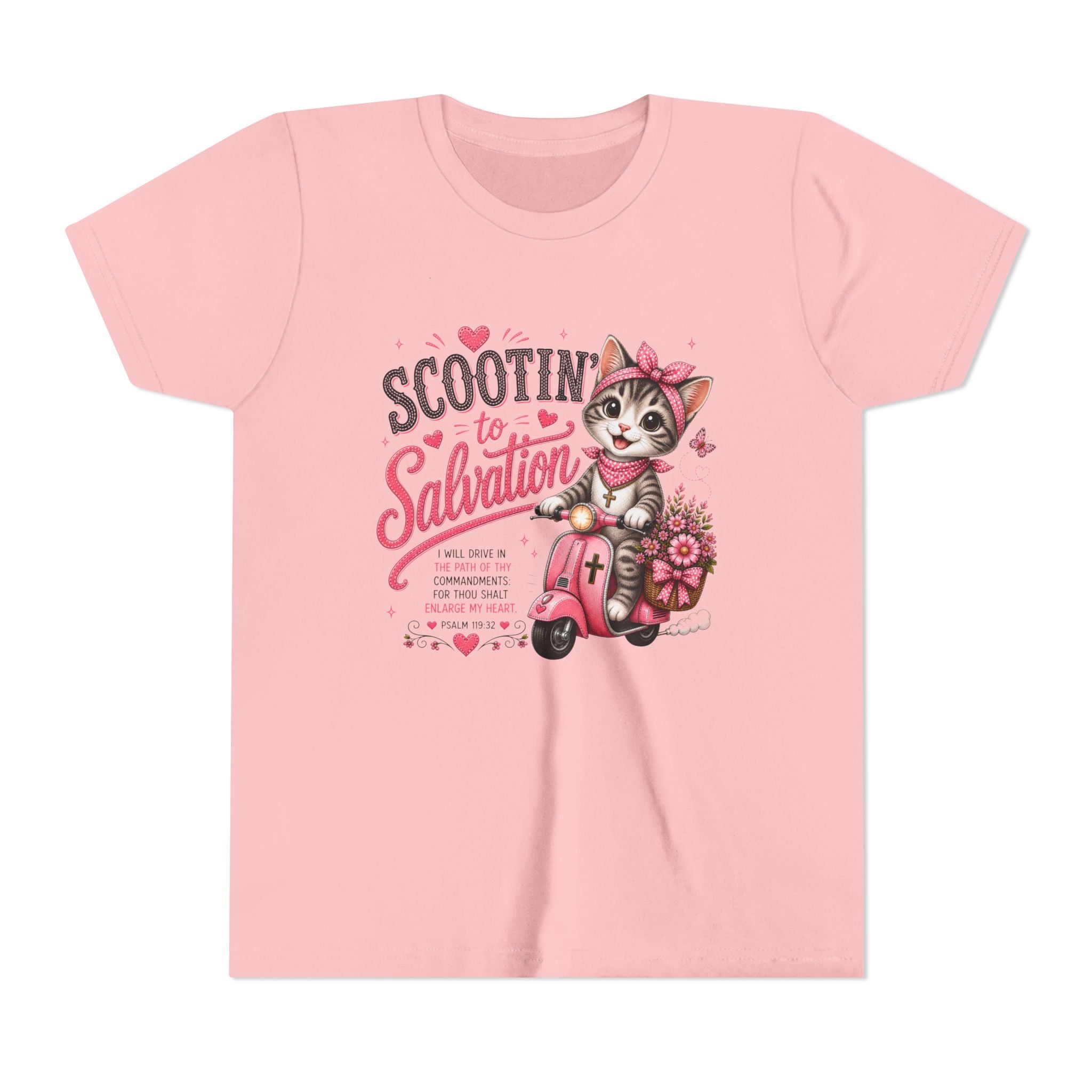 Scootin’ to Salvation Cat Shirt | Christian Girl Youth Tee | Cute Bible Verse Shirt