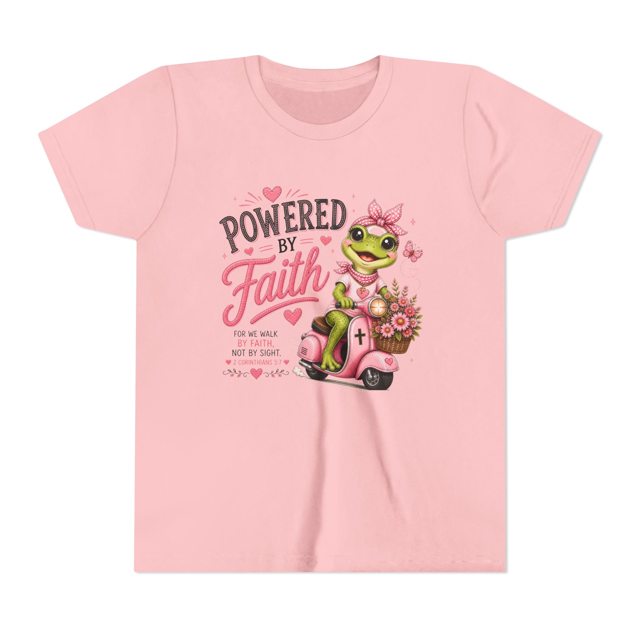 Powered by Faith Frog Shirt | Christian Girl Youth Tee | Cute Bible Verse Shirt
