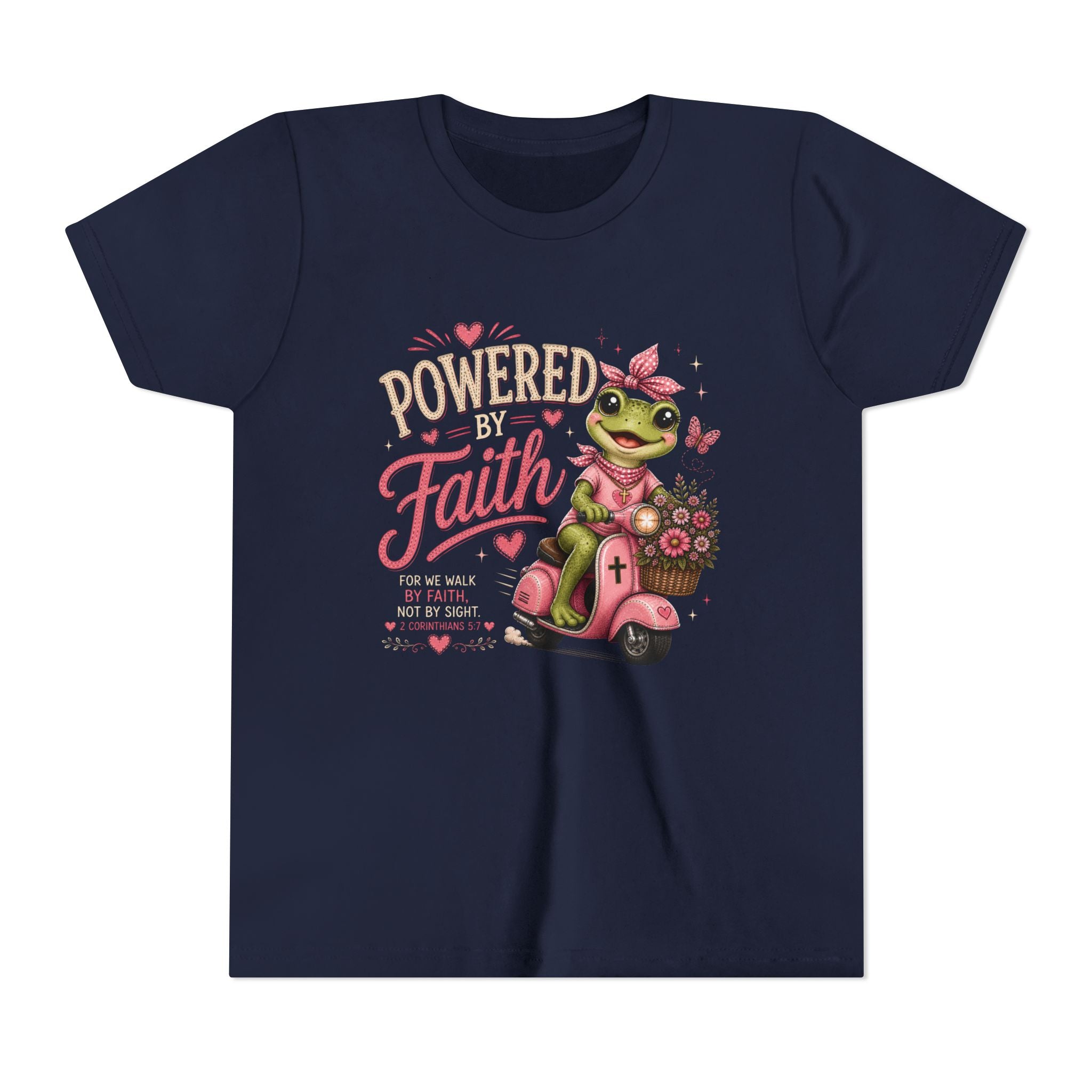 Powered by Faith Frog Shirt | Christian Girl Youth Tee | Cute Bible Verse Shirt