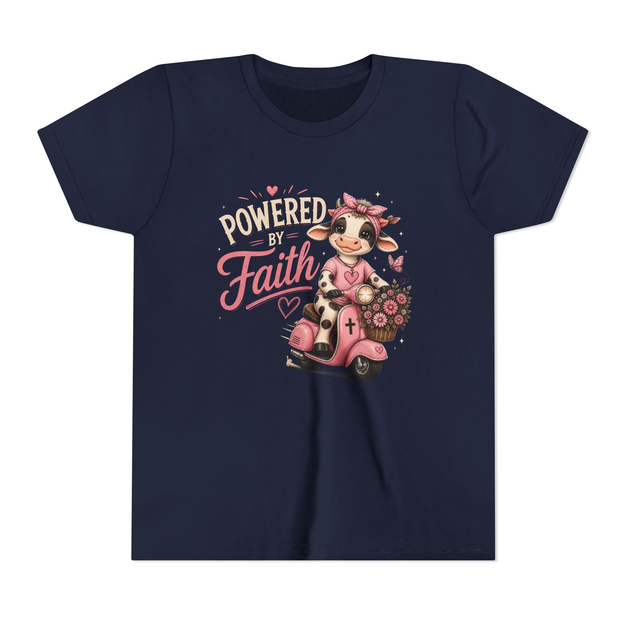 Powered by Faith Cow Shirt for Girls | Christian Youth Tee | Cute Farm Animal Shirt