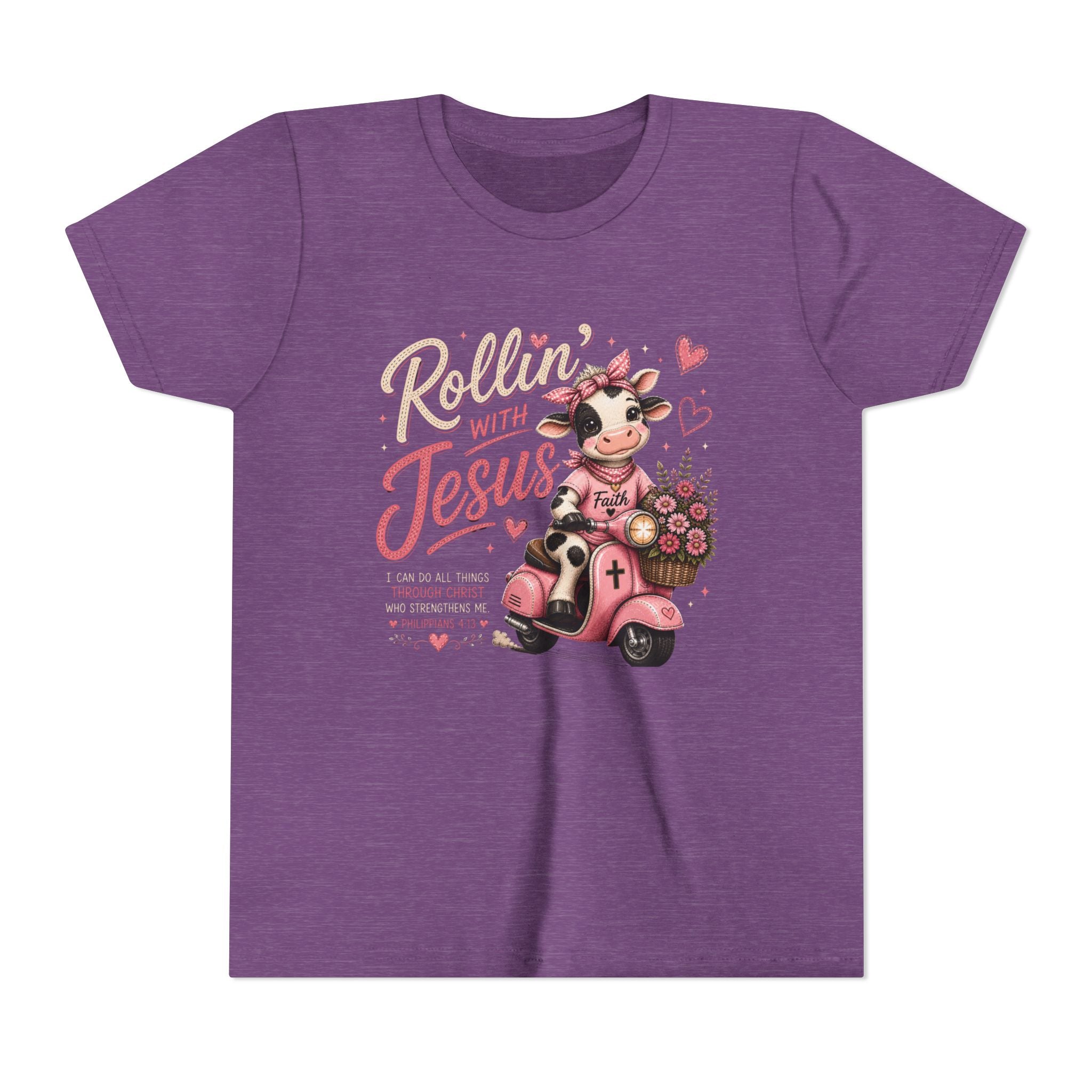 Rollin' with Jesus Cow Shirt | Christian Girl Youth Tee | Cute Bible Verse Shirt