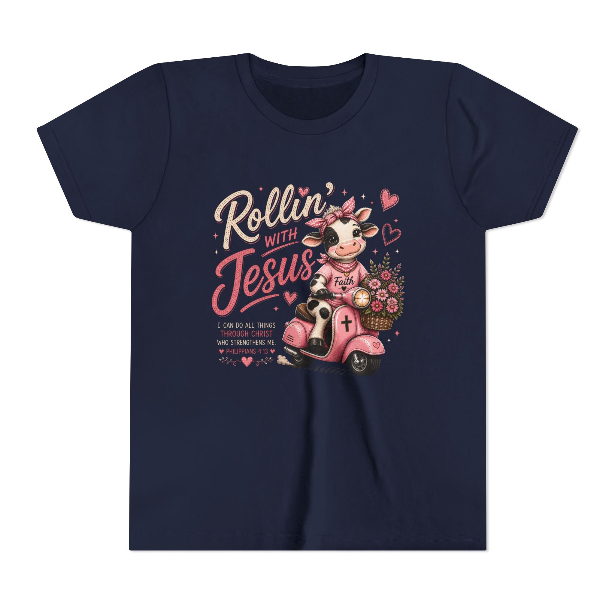 Rollin' with Jesus Cow Shirt | Christian Girl Youth Tee | Cute Bible Verse Shirt