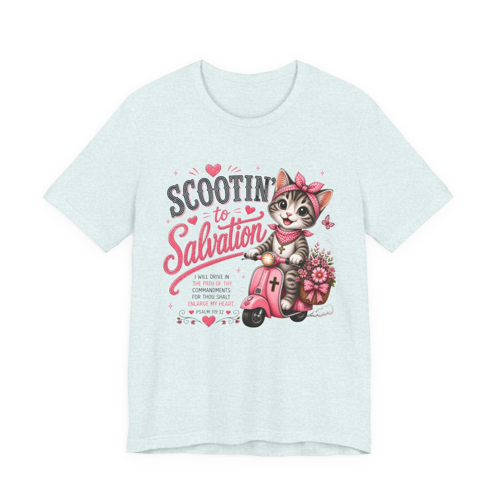 Scootin' to Salvation Cat  Shirt for Women | Cute Christian Bible Verse Tee
