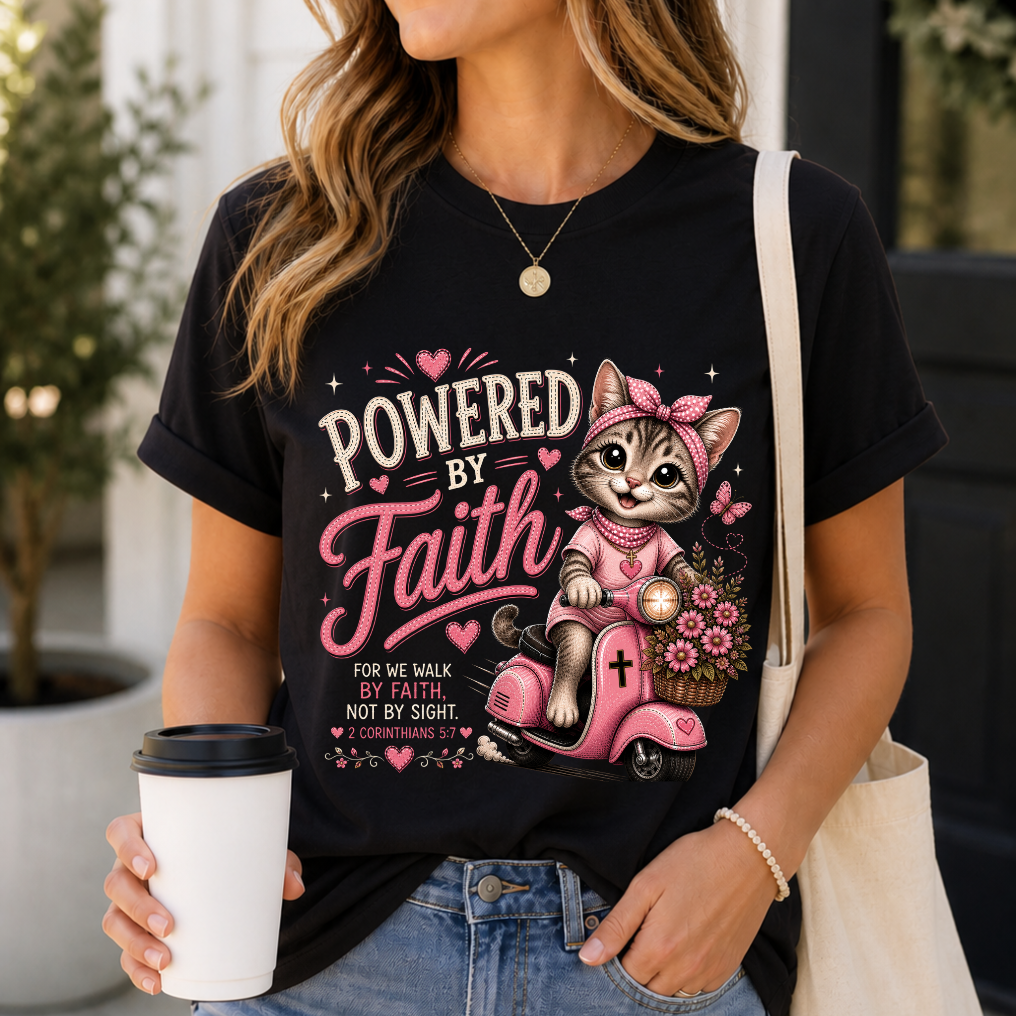 Powered by Faith Cat Shirt for Women | Cute Christian Bible Verse Tee