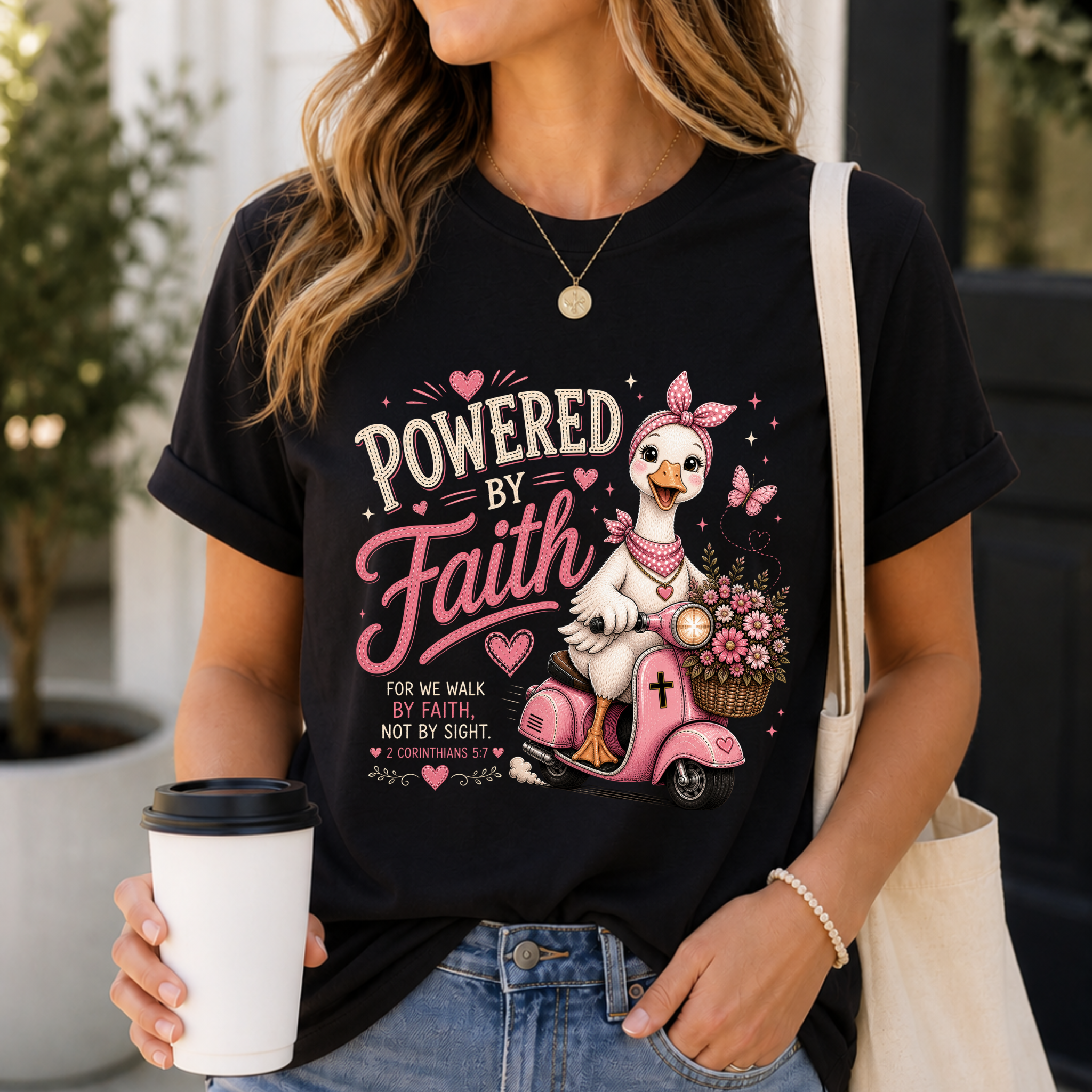 Powered by Faith Goose Shirt for Women | Cute Christian Bible Verse Tee