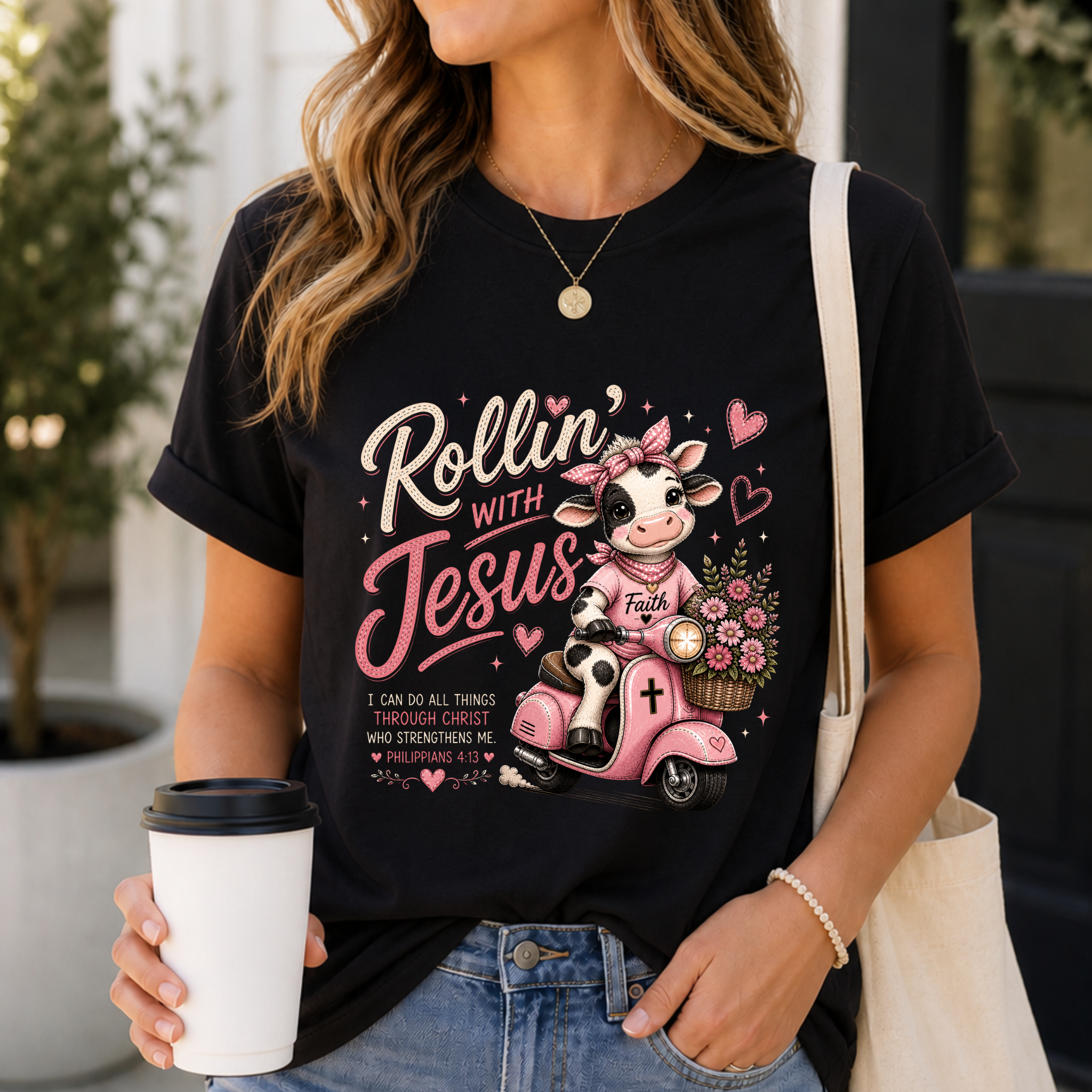 Rollin' with Jesus Cow Shirt for Women | Cute Christian Bible Verse Tee