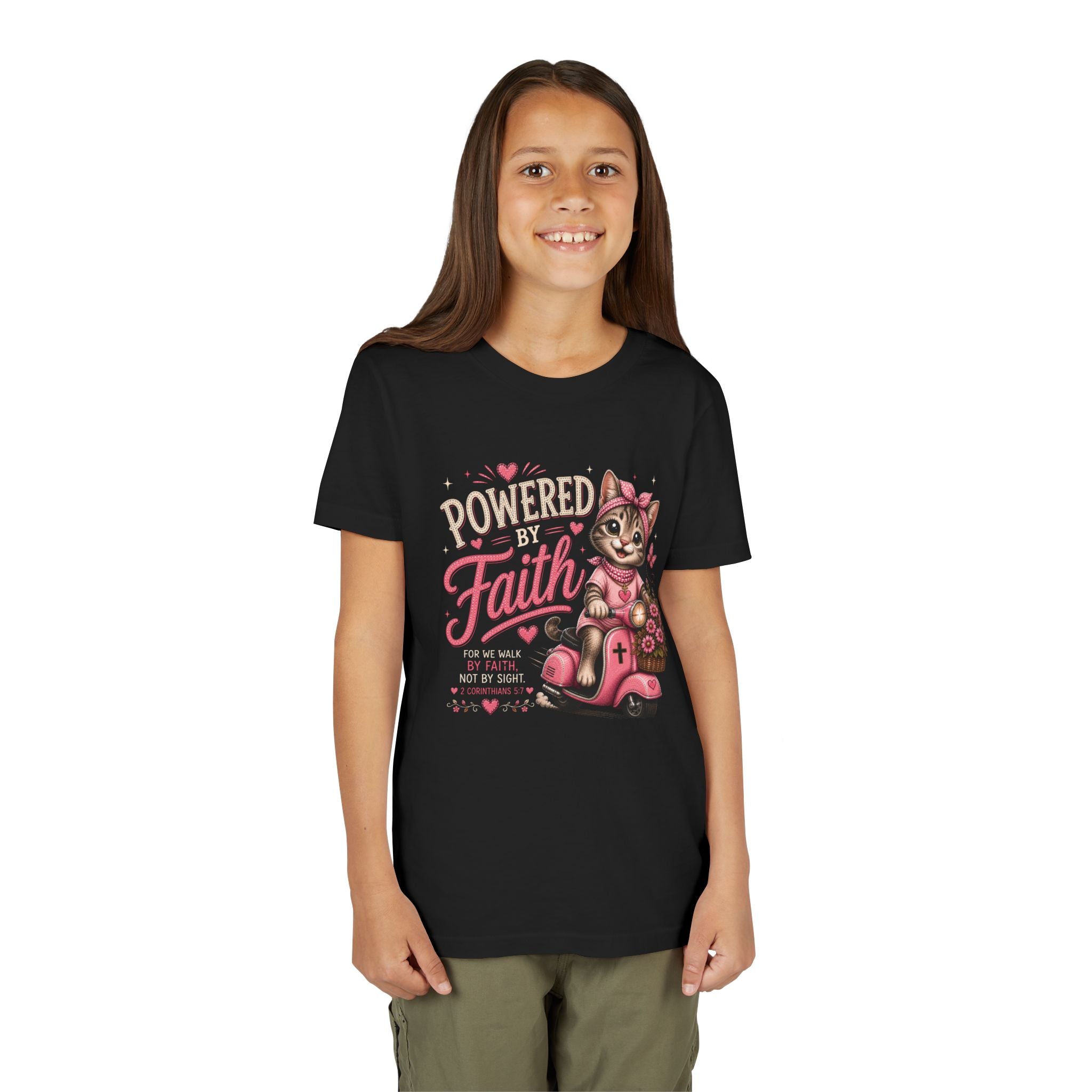 Powered by Faith Cat Shirt | Christian Girl Youth Tee | Cute Bible Verse Shirt