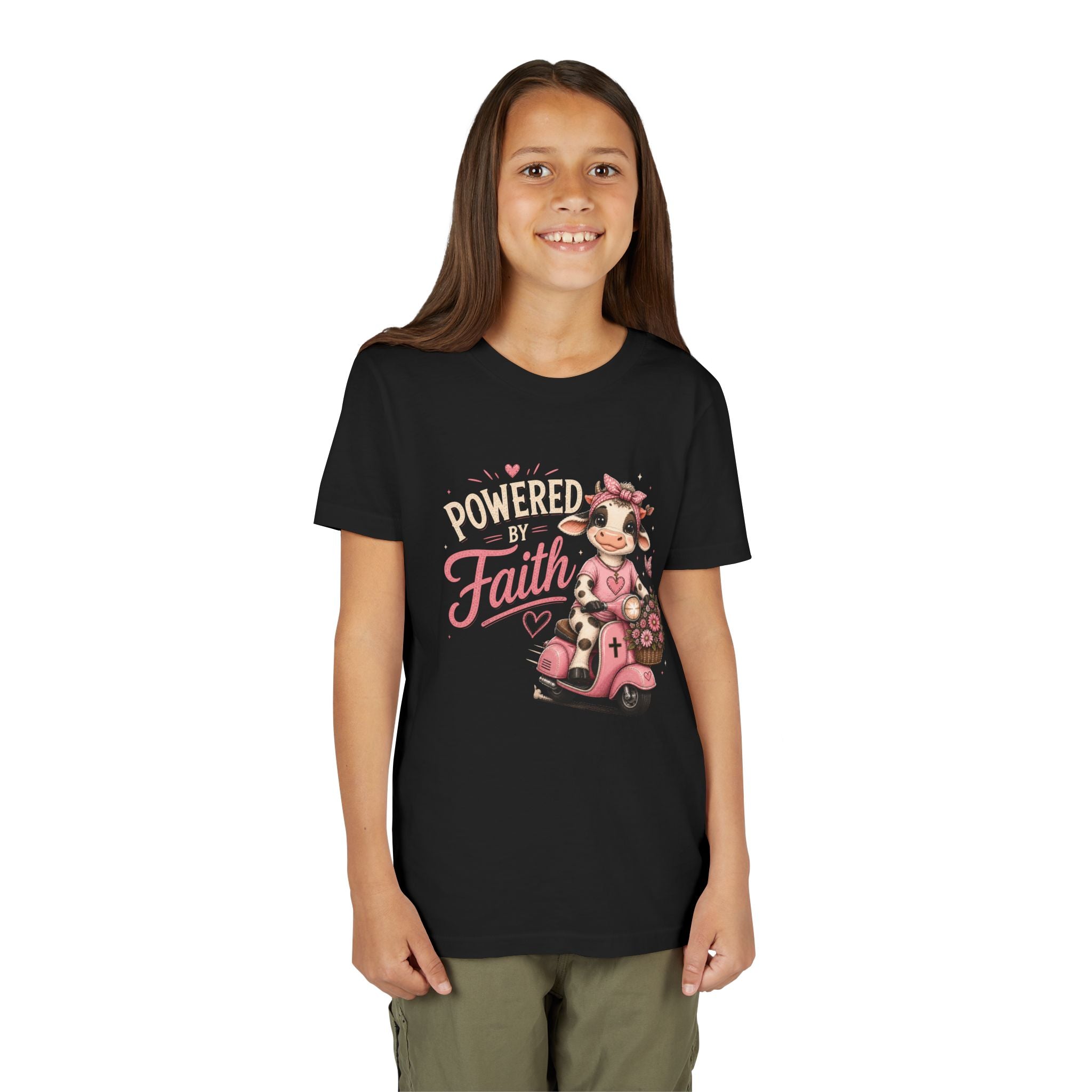 Powered by Faith Cow Shirt for Girls | Christian Youth Tee | Cute Farm Animal Shirt