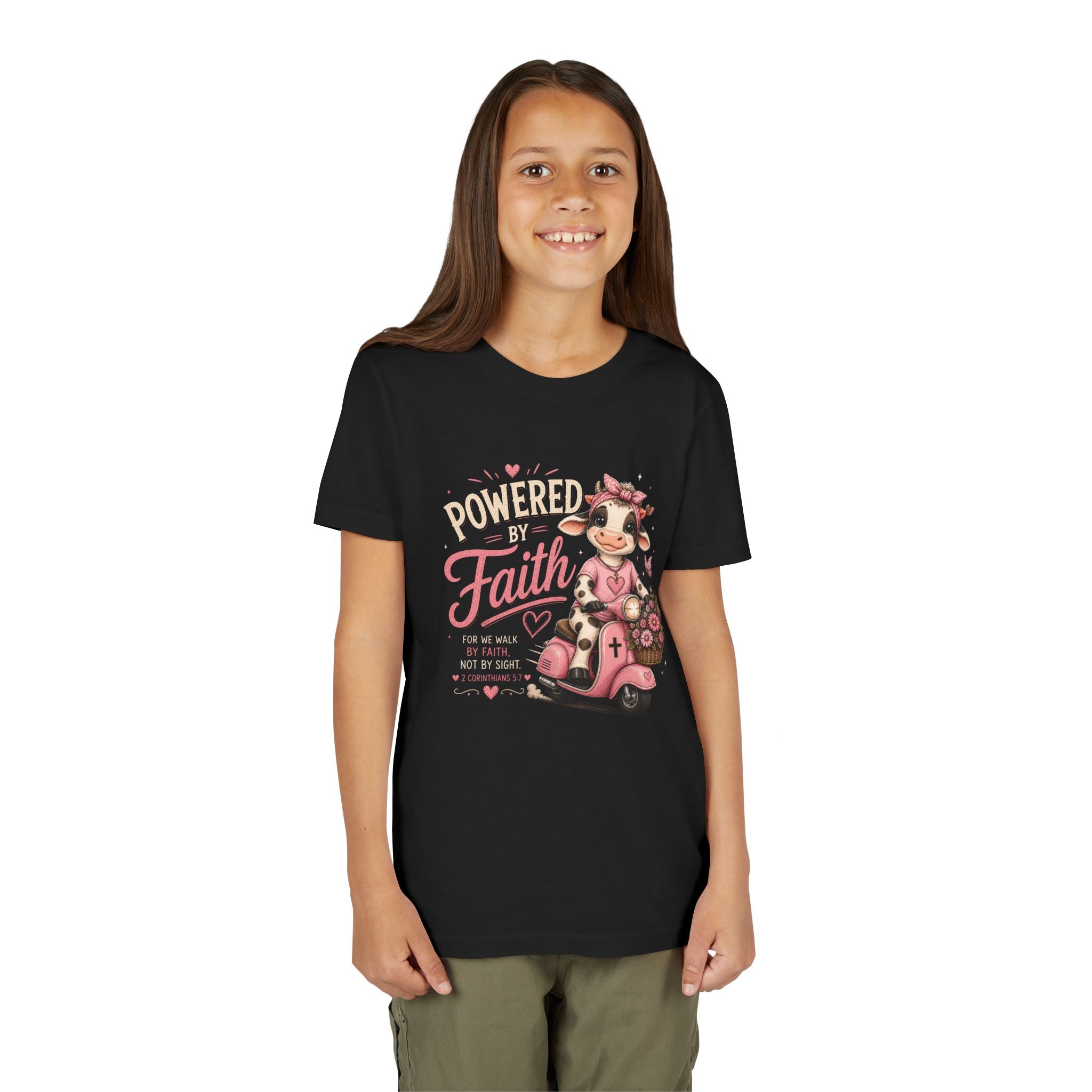 Powered by Faith Cow Shirt | Christian Girl Youth Tee | Cute Bible Verse Shirt
