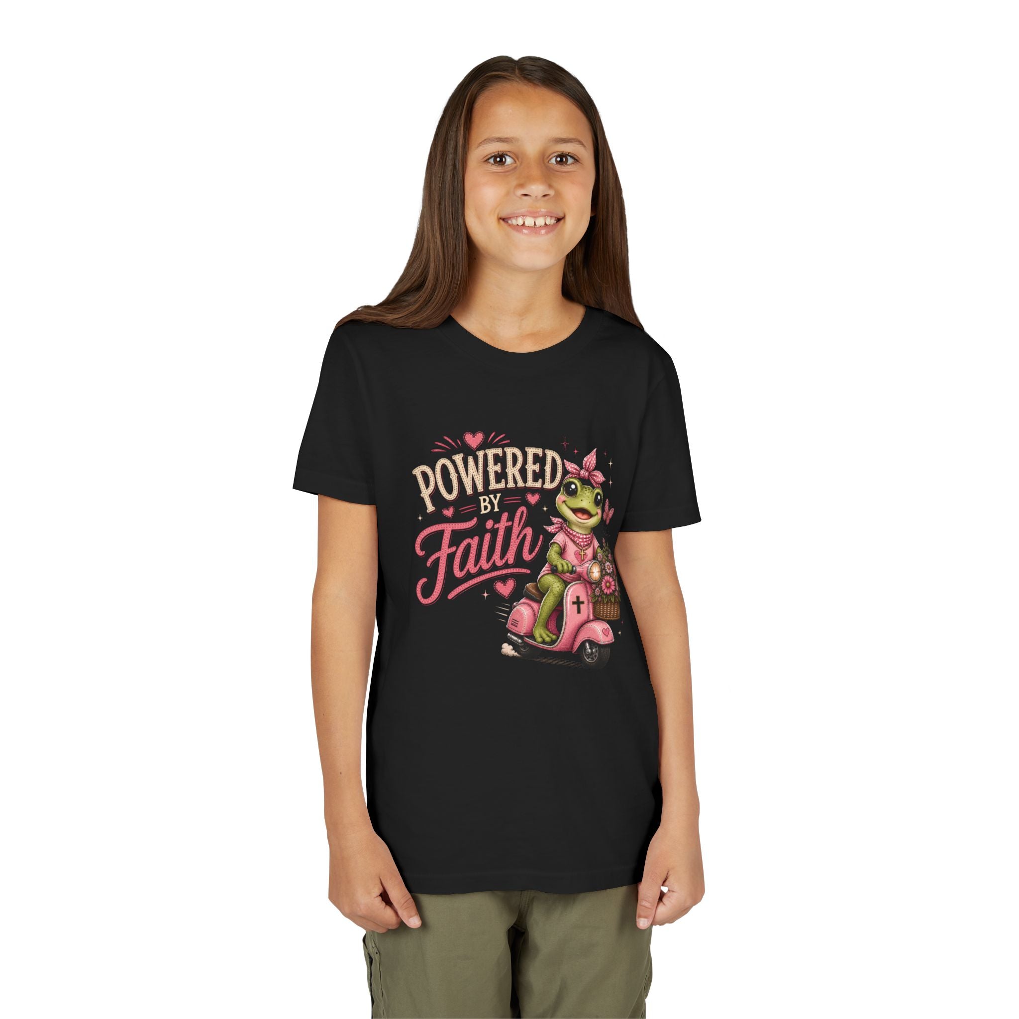 Powered by Faith Frog Shirt for Girls | Christian Youth Tee | Cute Farm Animal Shirt