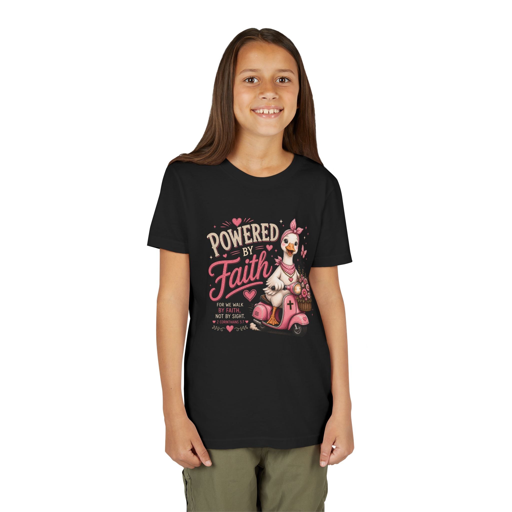 Powered by Faith Goose Shirt | Christian Girl Youth Tee | Cute Bible Verse Shirt