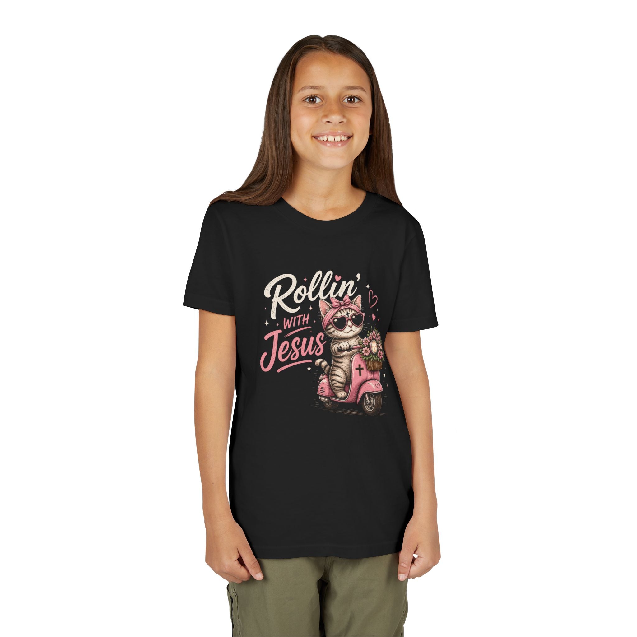 Rollin' with Jesus Cat Shirt for Girls | Christian Youth Tee | Cute Farm Animal Shirt