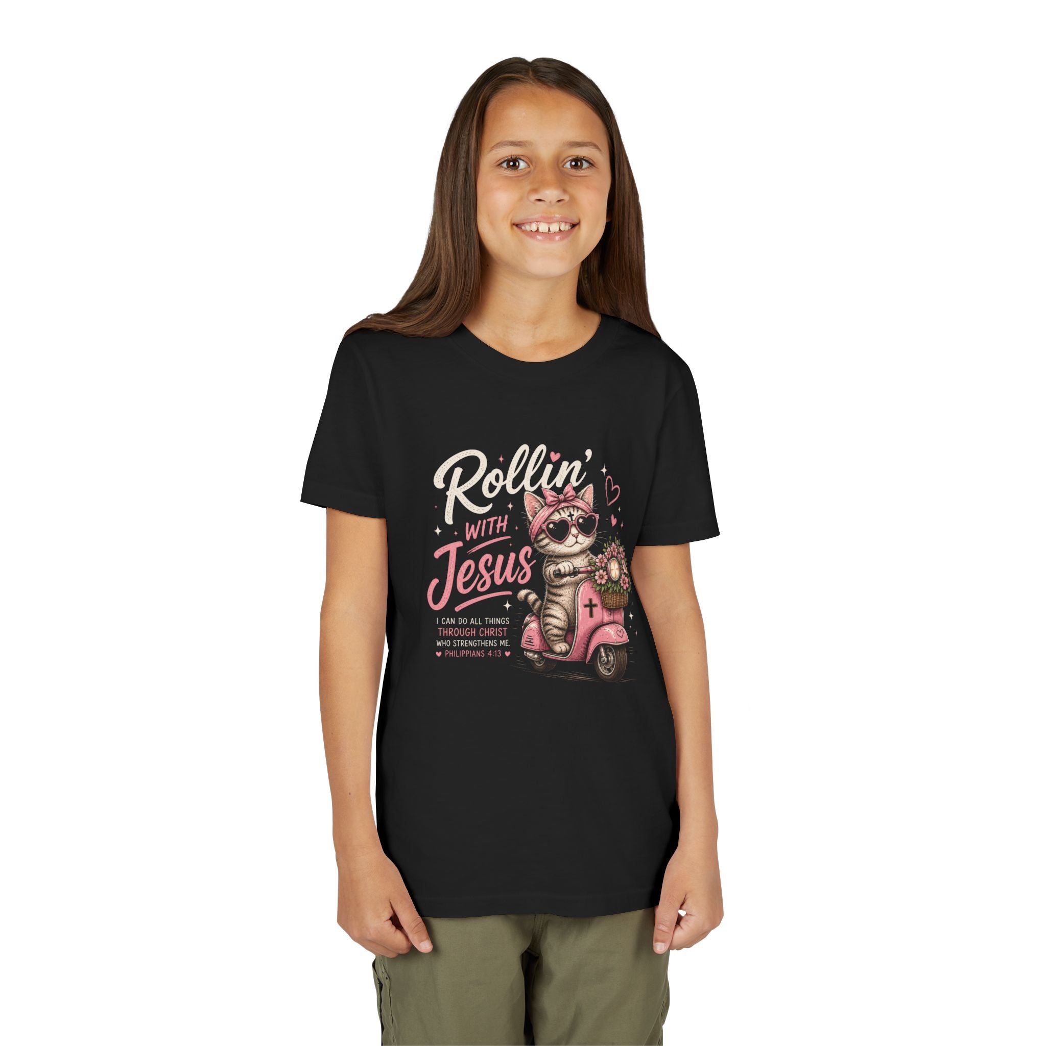 Rollin' with Jesus Cat Shirt | Christian Girl Youth Tee | Cute Bible Verse Shirt