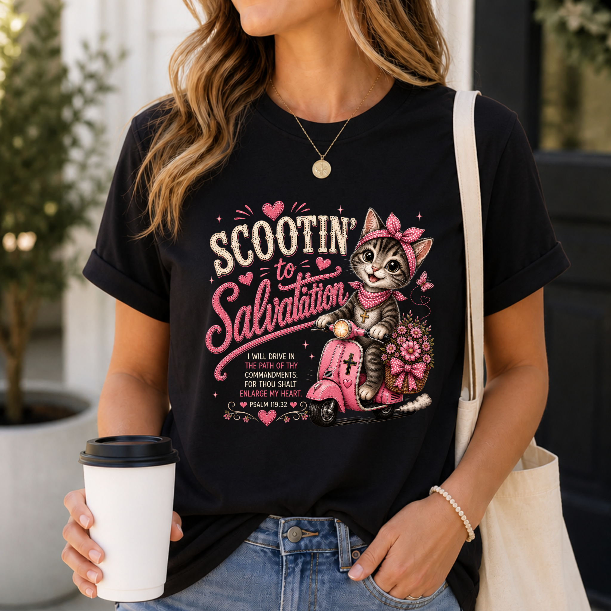 Scootin' to Salvation Cat  Shirt for Women | Cute Christian Bible Verse Tee