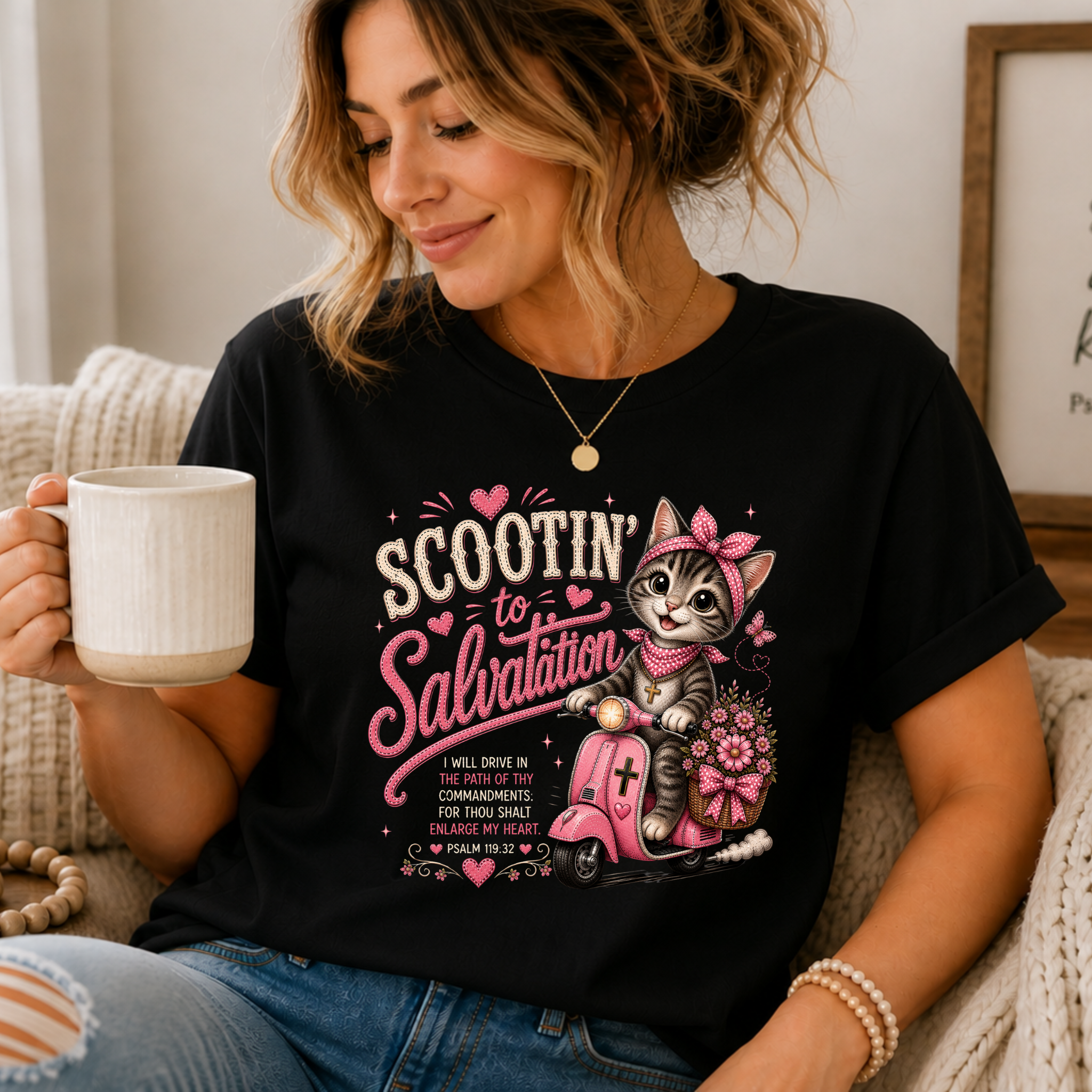 Scootin' to Salvation Cat  Shirt for Women | Cute Christian Bible Verse Tee
