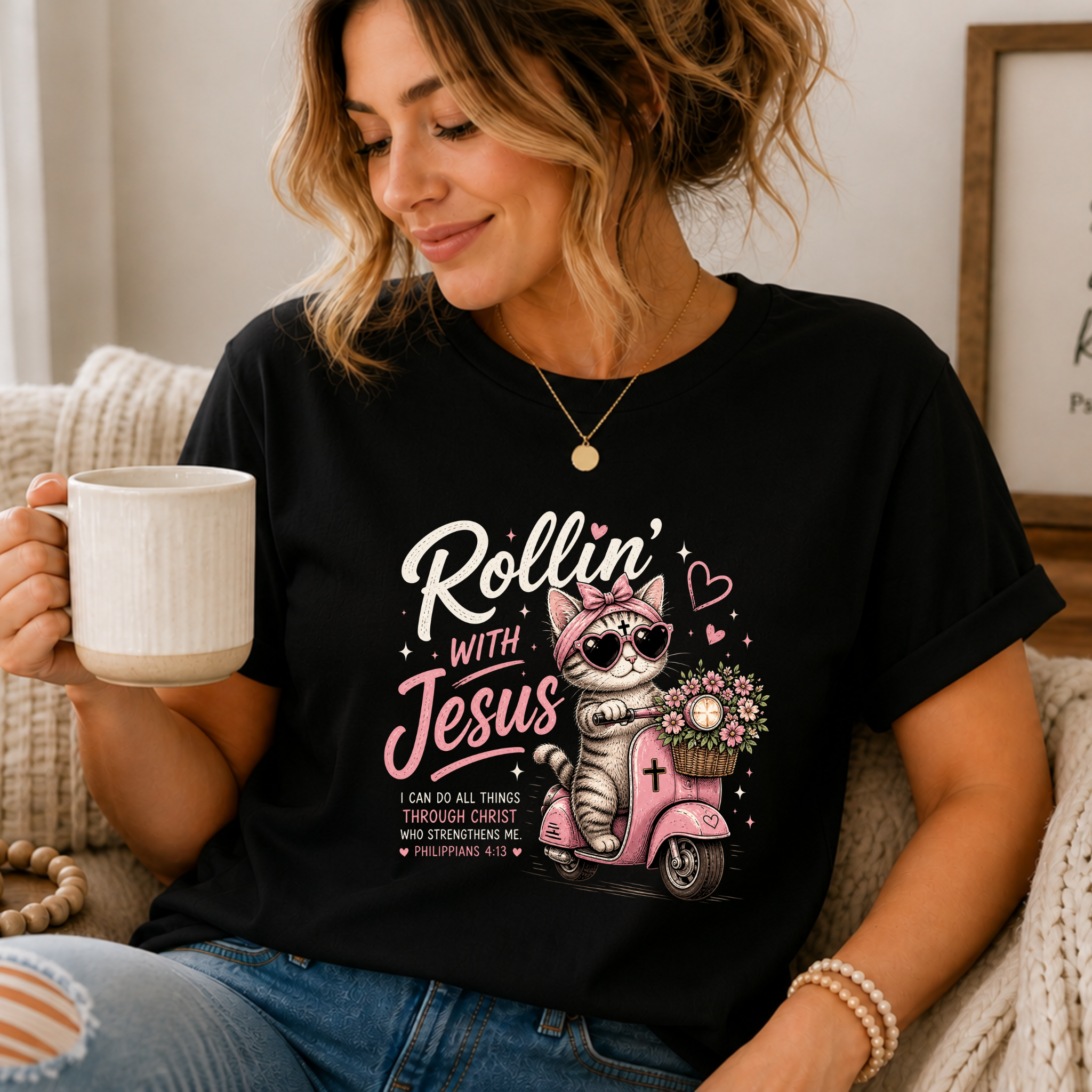 Rollin' with Jesus Cat Shirt for Women | Cute Christian Bible Verse Tee