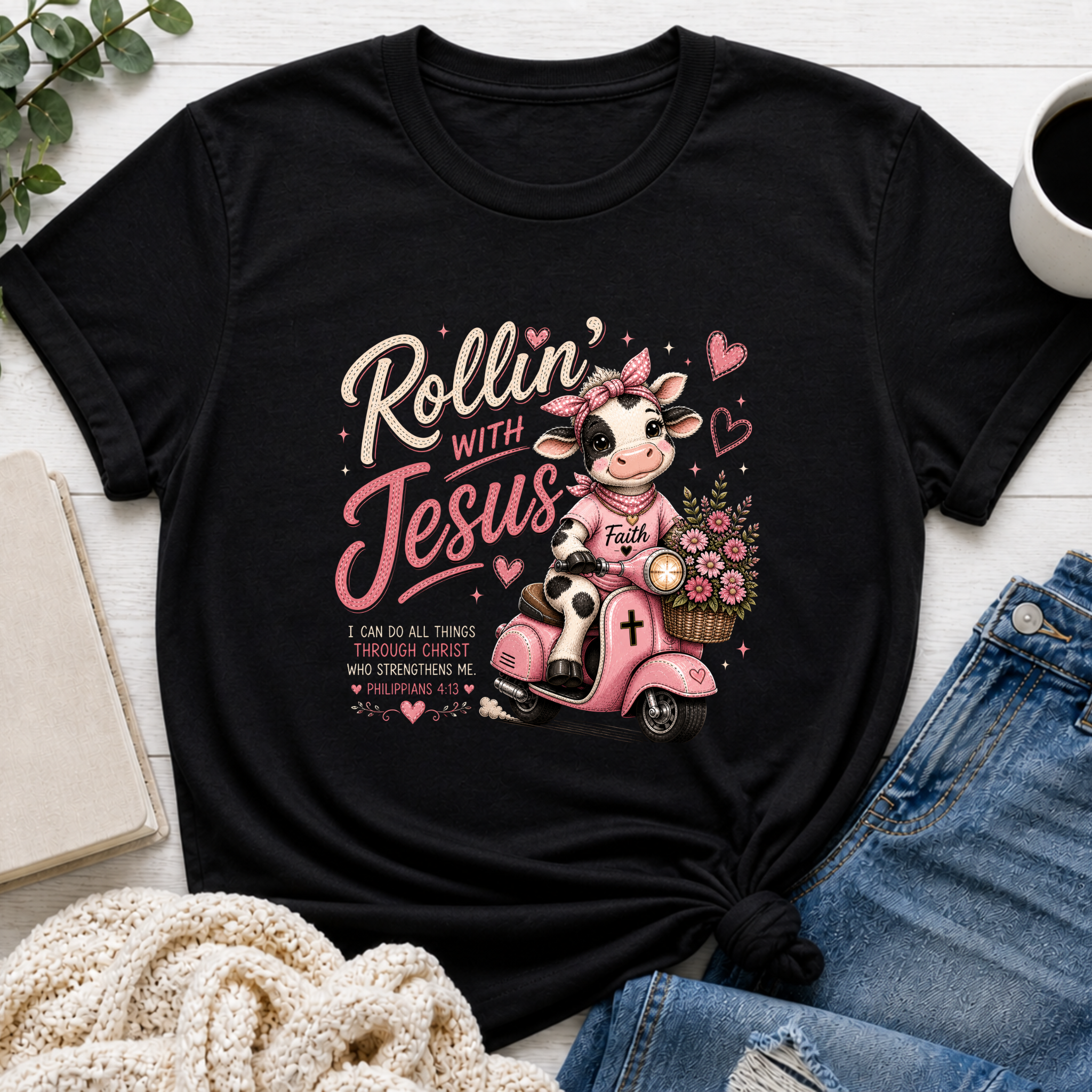 Rollin' with Jesus Cow Shirt | Christian Girl Youth Tee | Cute Bible Verse Shirt