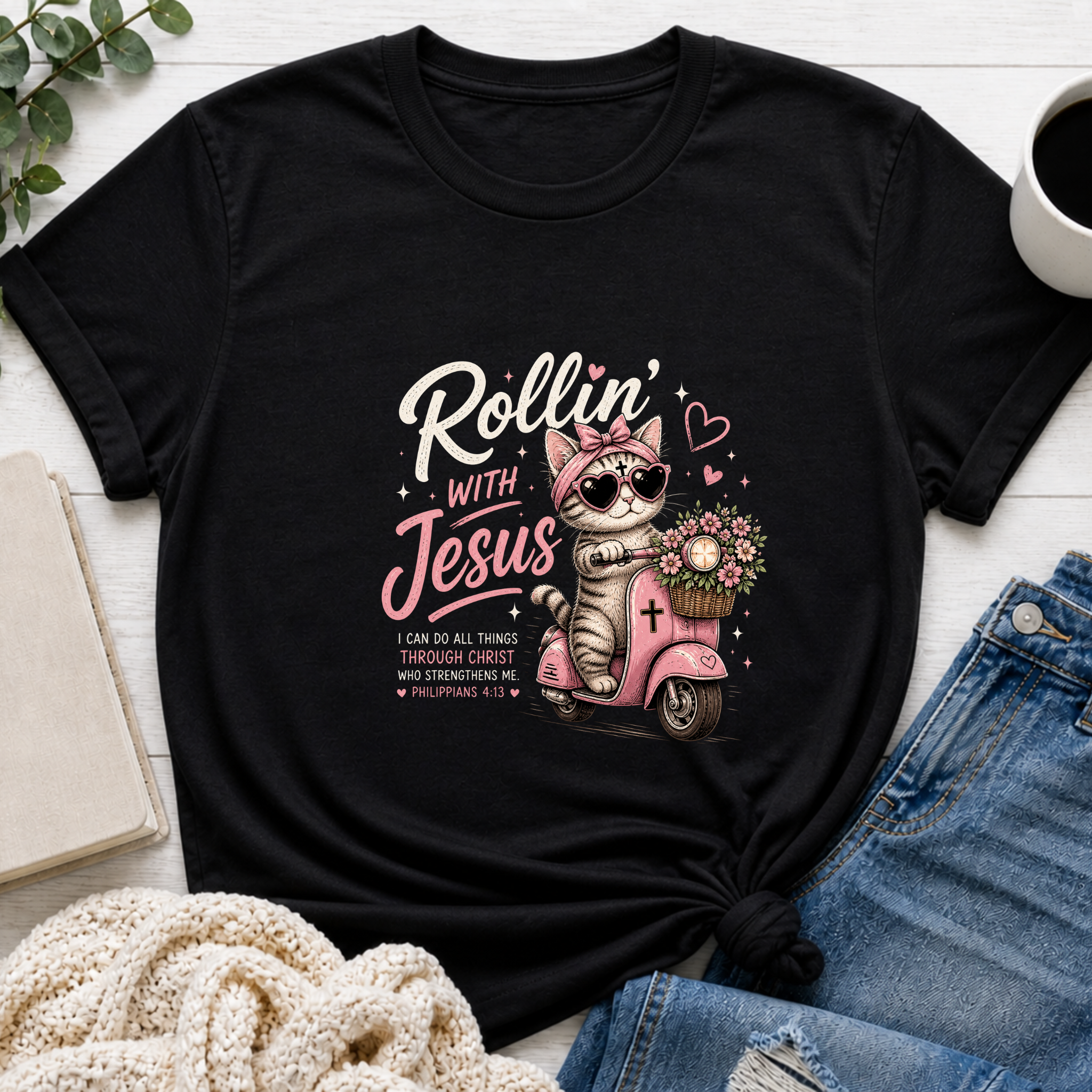Rollin' with Jesus Cat Shirt | Christian Girl Youth Tee | Cute Bible Verse Shirt