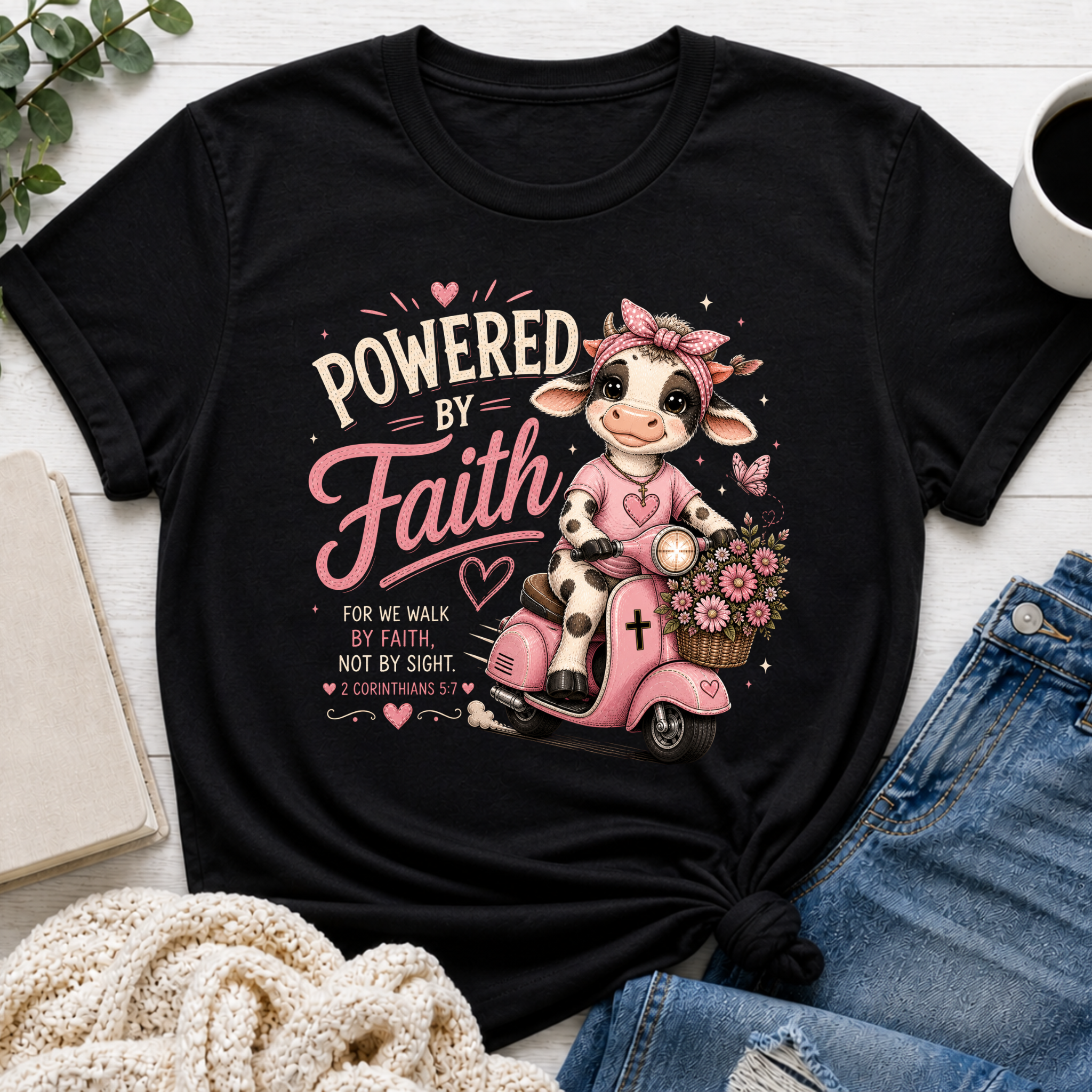 Powered by Faith Cow Shirt | Christian Girl Youth Tee | Cute Bible Verse Shirt