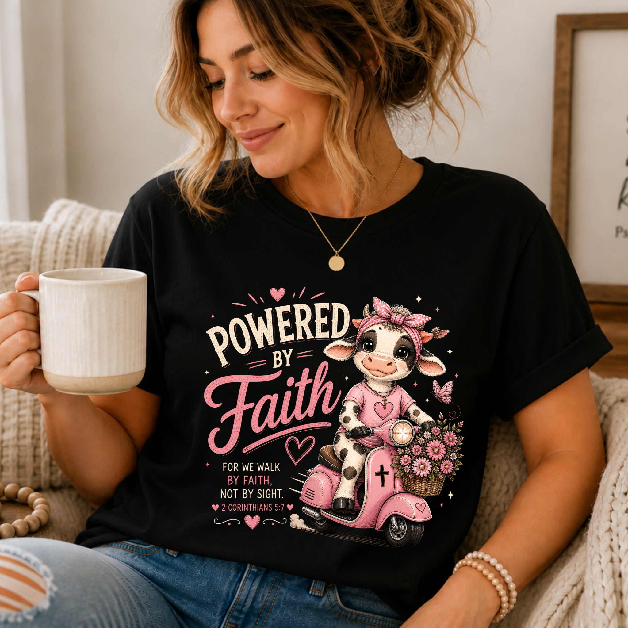 Powered by Faith Cow Shirt for Women | Cute Christian Bible Verse Tee