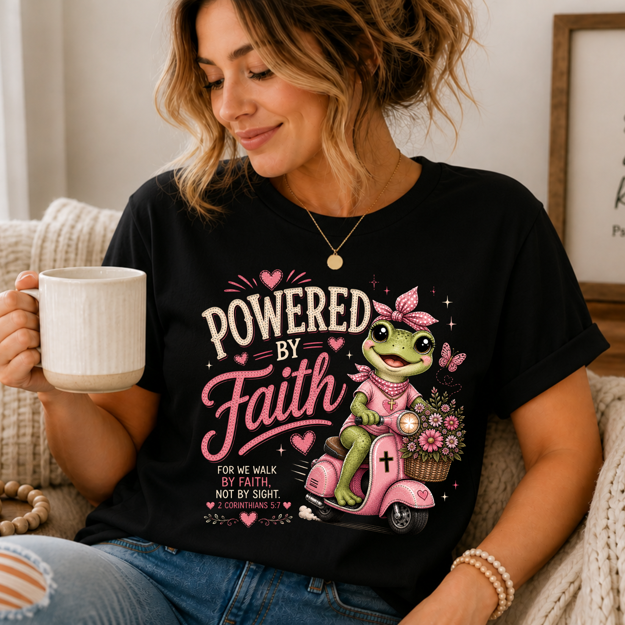 Powered by Faith Frog Shirt for Women | Cute Christian Bible Verse Tee