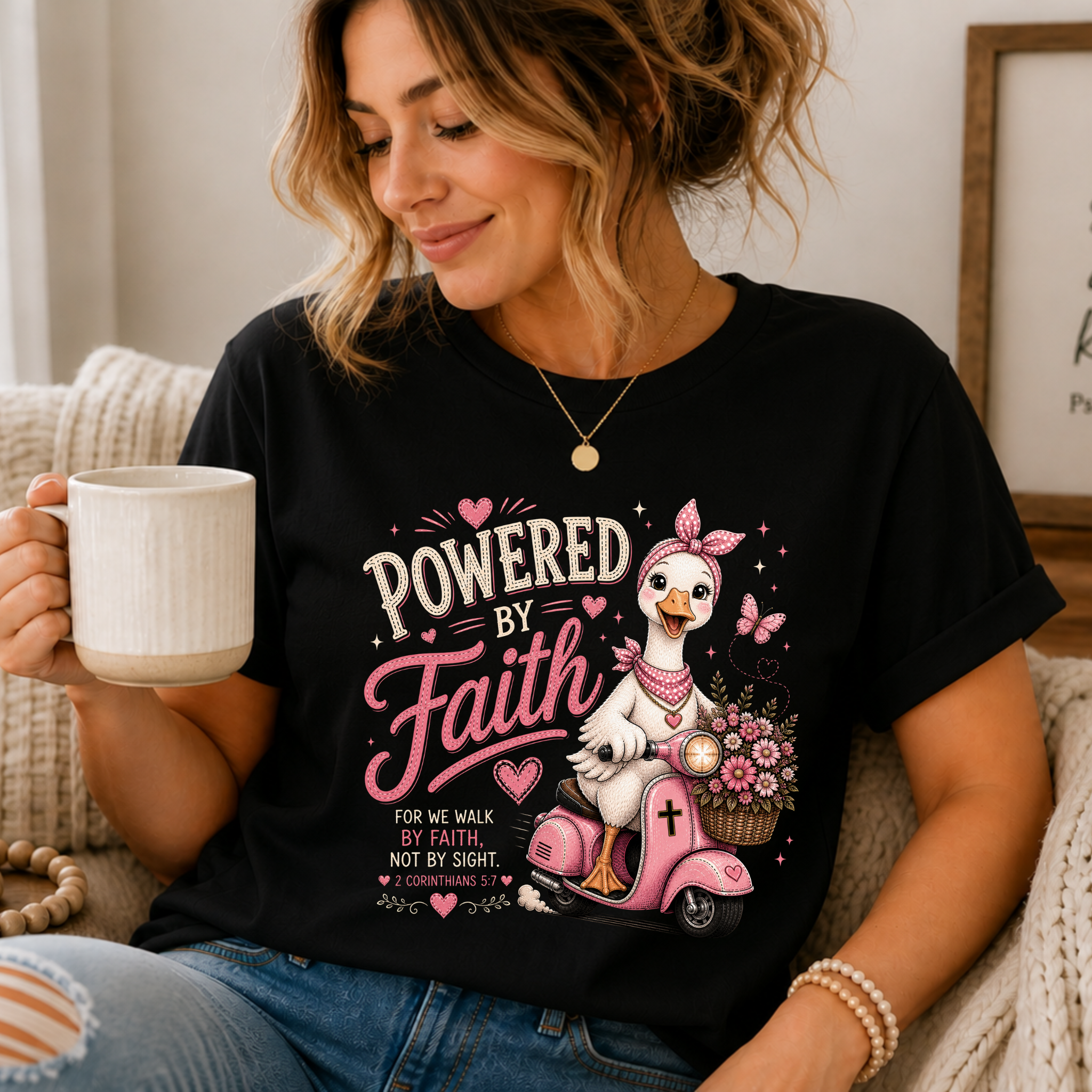 Powered by Faith Goose Shirt for Women | Cute Christian Bible Verse Tee