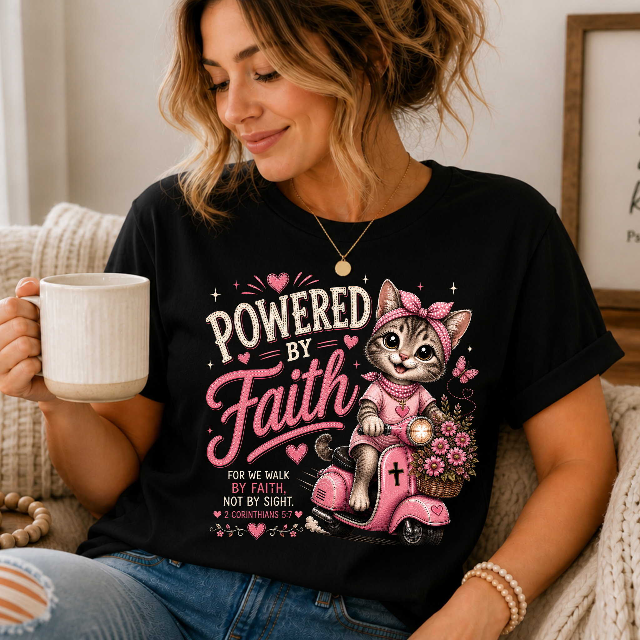 Powered by Faith Cat Shirt for Women | Cute Christian Bible Verse Tee