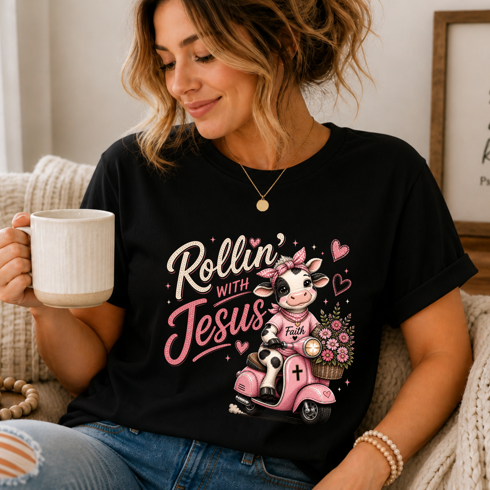 Rollin' with Jesus Cow Shirt for Women | Cute Christian Boutique Tee