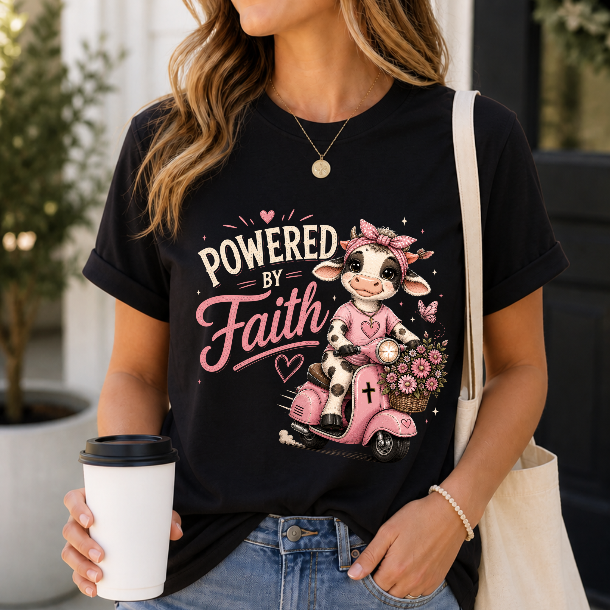 Powered by Faith Cow Shirt for Women | Cute Christian Boutique Tee