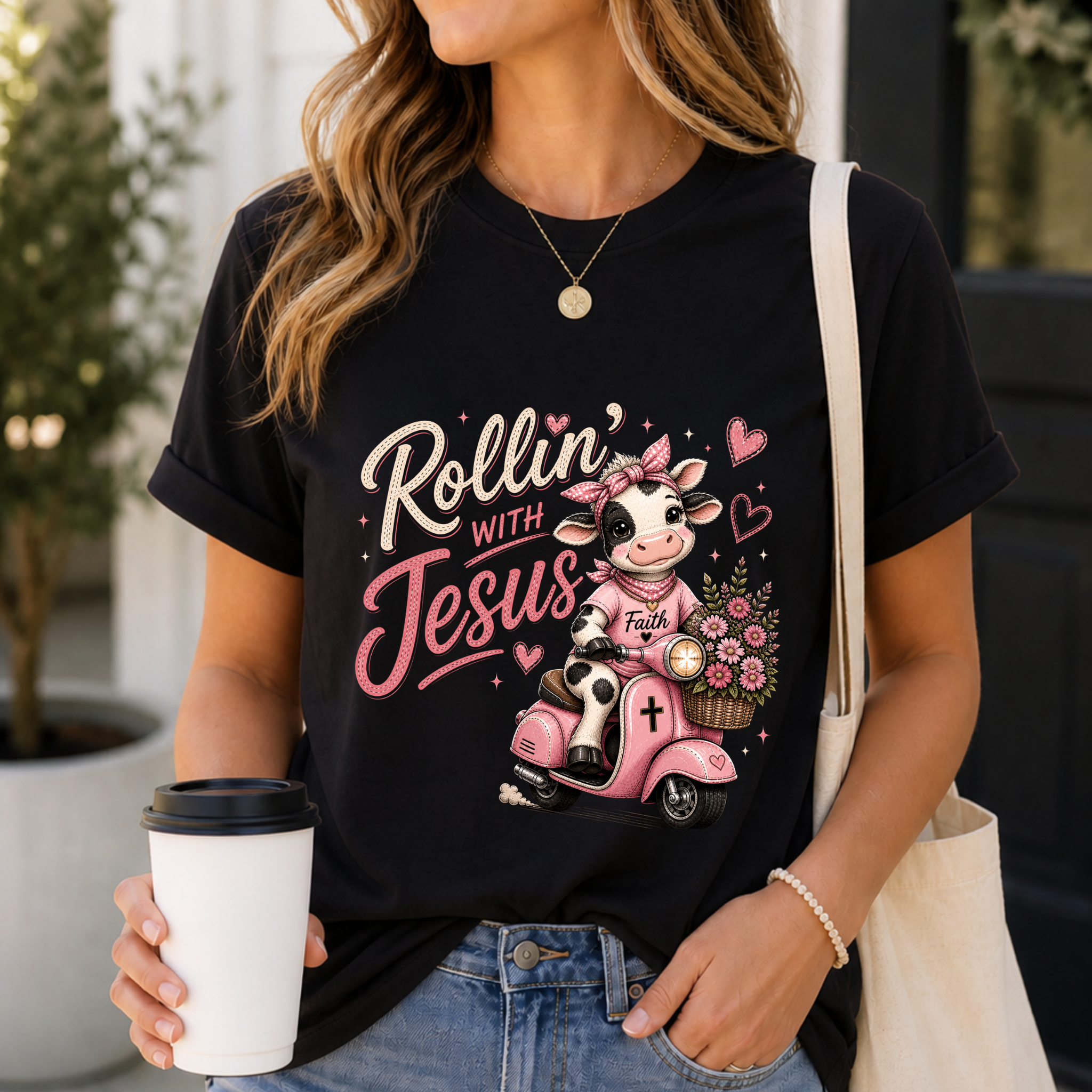 Rollin' with Jesus Cow Shirt for Women | Cute Christian Boutique Tee