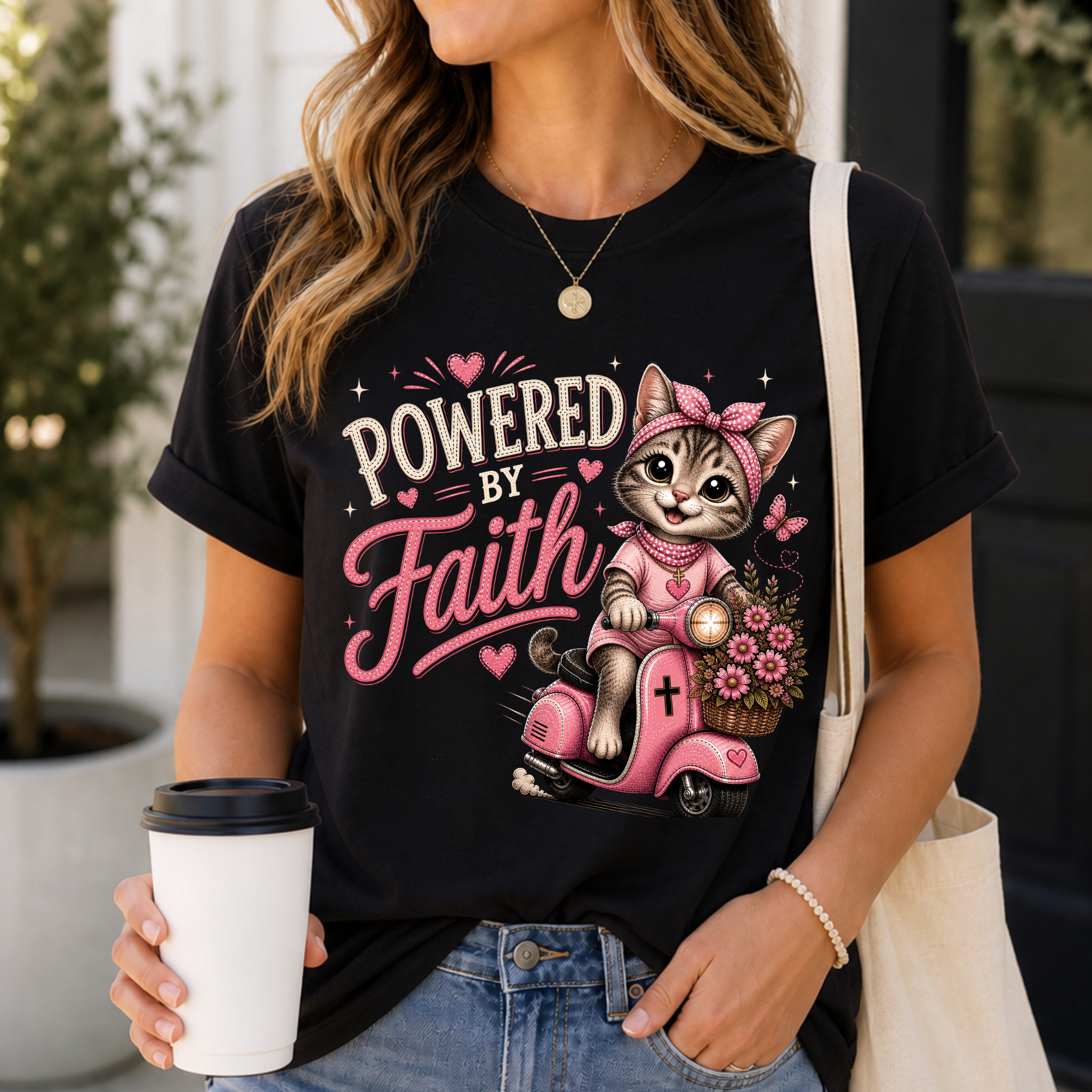Powered by Faith Cat Shirt for Women | Cute Christian Boutique Tee