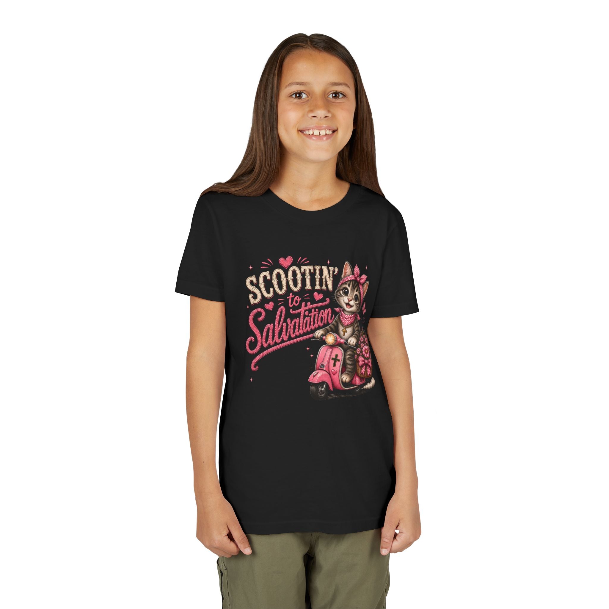 Scootin' to Salvation Cat Shirt for Girls | Christian Youth Tee | Cute Farm Animal Shirt