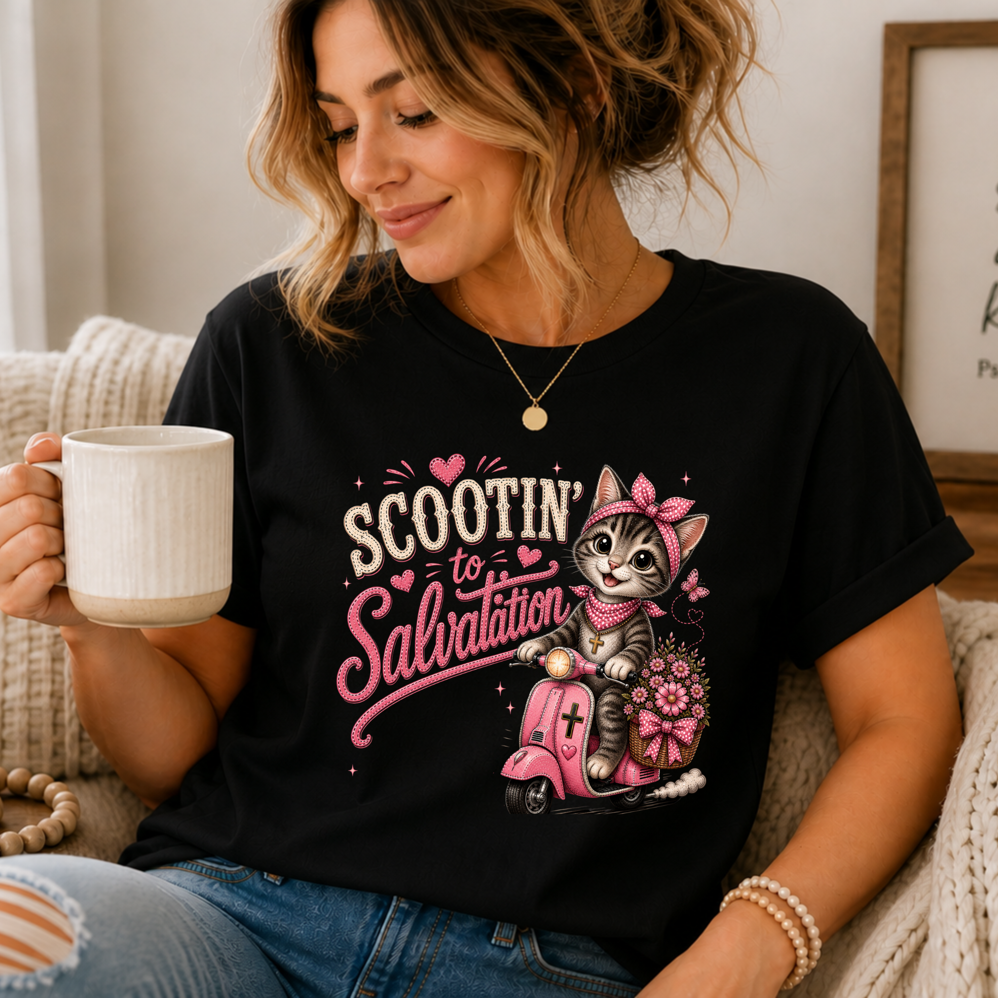 Scootin' to Salvation Cat Shirt for Women | Cute Christian Boutique Tee