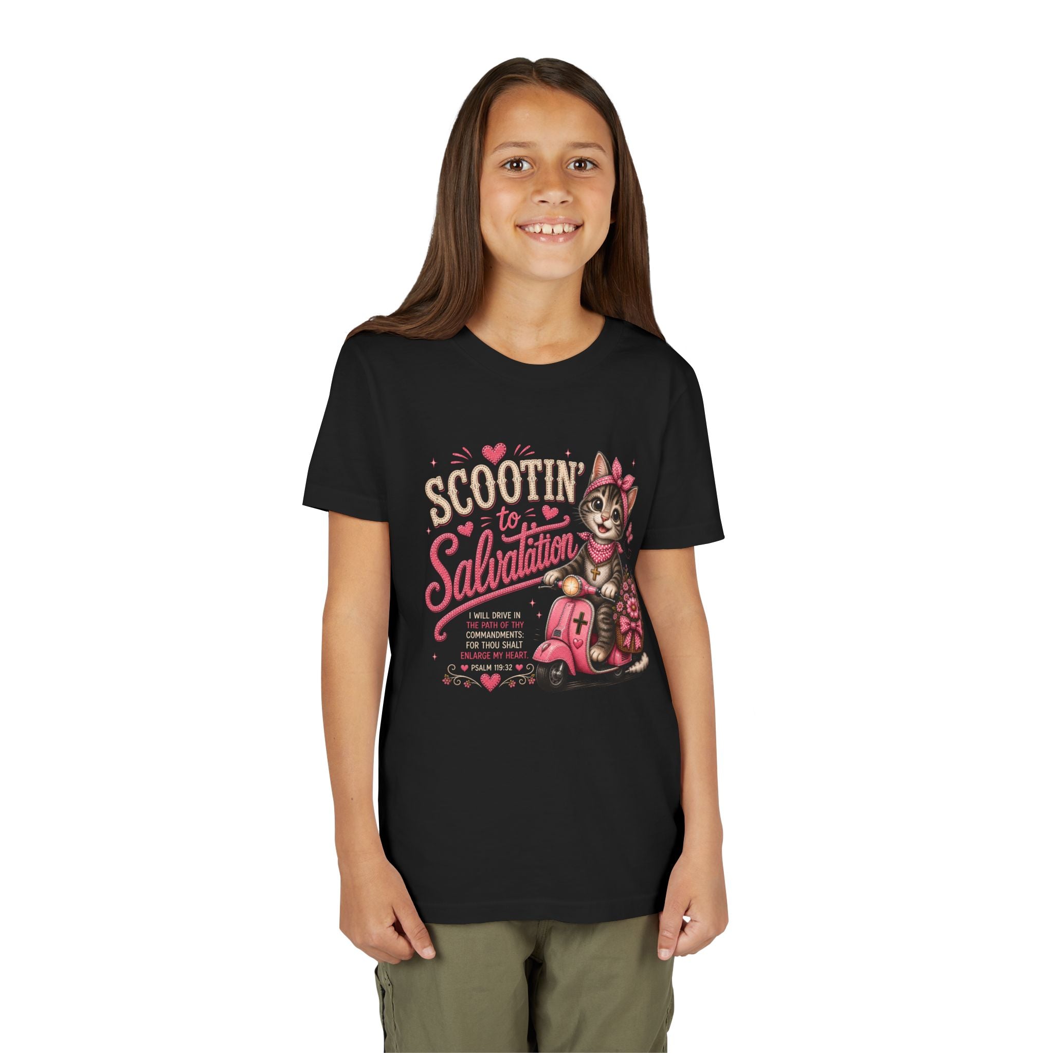 Scootin’ to Salvation Cat Shirt | Christian Girl Youth Tee | Cute Bible Verse Shirt