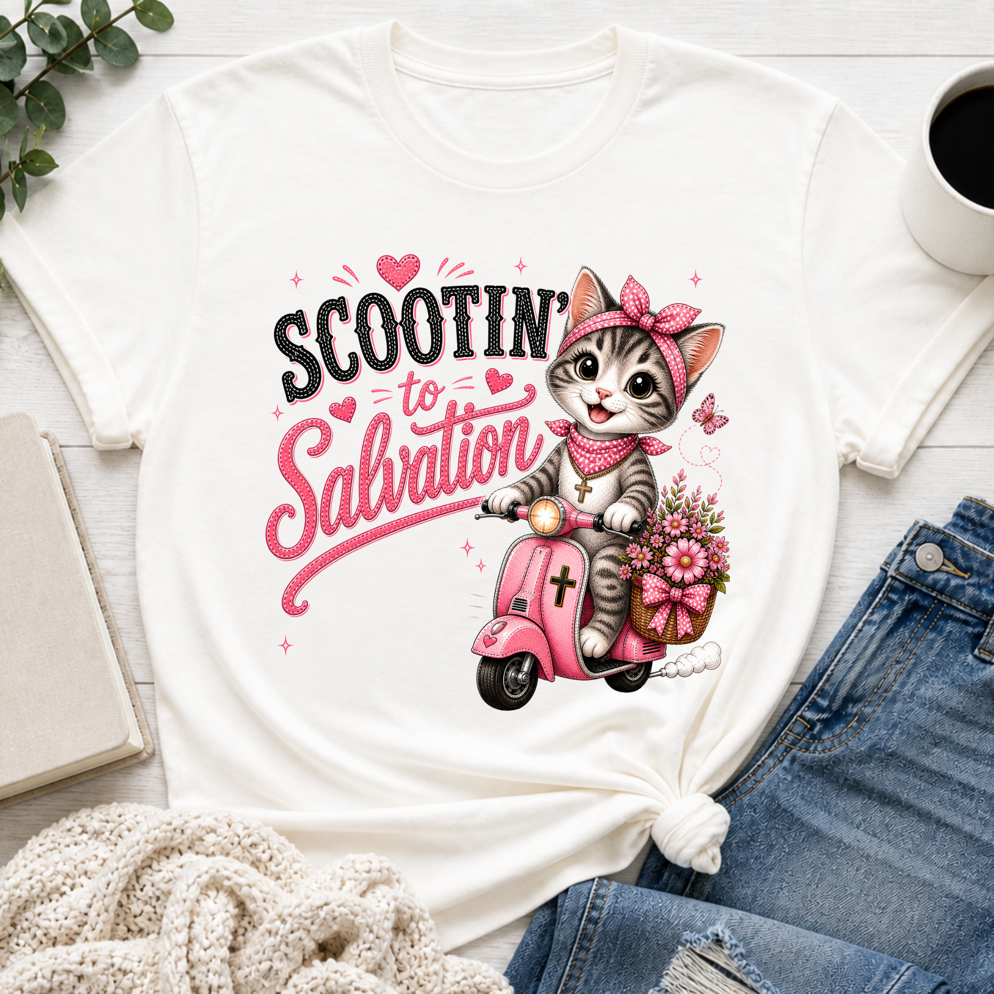 Scootin' to Salvation Cat Shirt for Girls | Christian Youth Tee | Cute Farm Animal Shirt