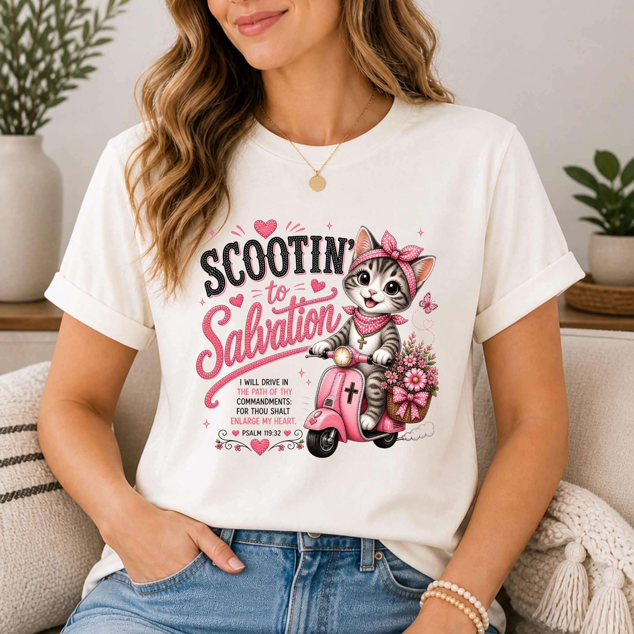 Scootin' to Salvation Cat  Shirt for Women | Cute Christian Bible Verse Tee