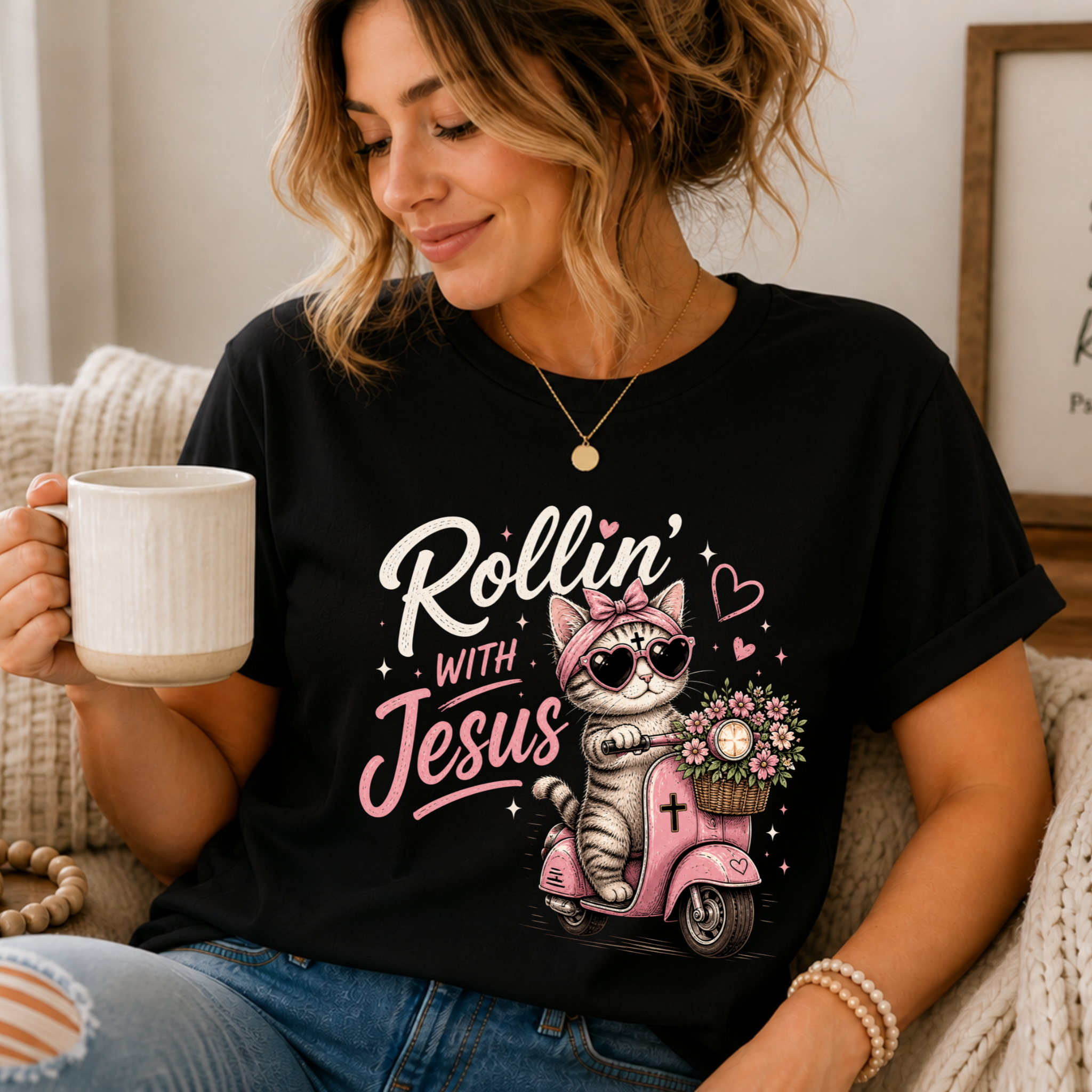 Rollin' with Jesus Cat Shirt for Women | Cute Christian Boutique Tee