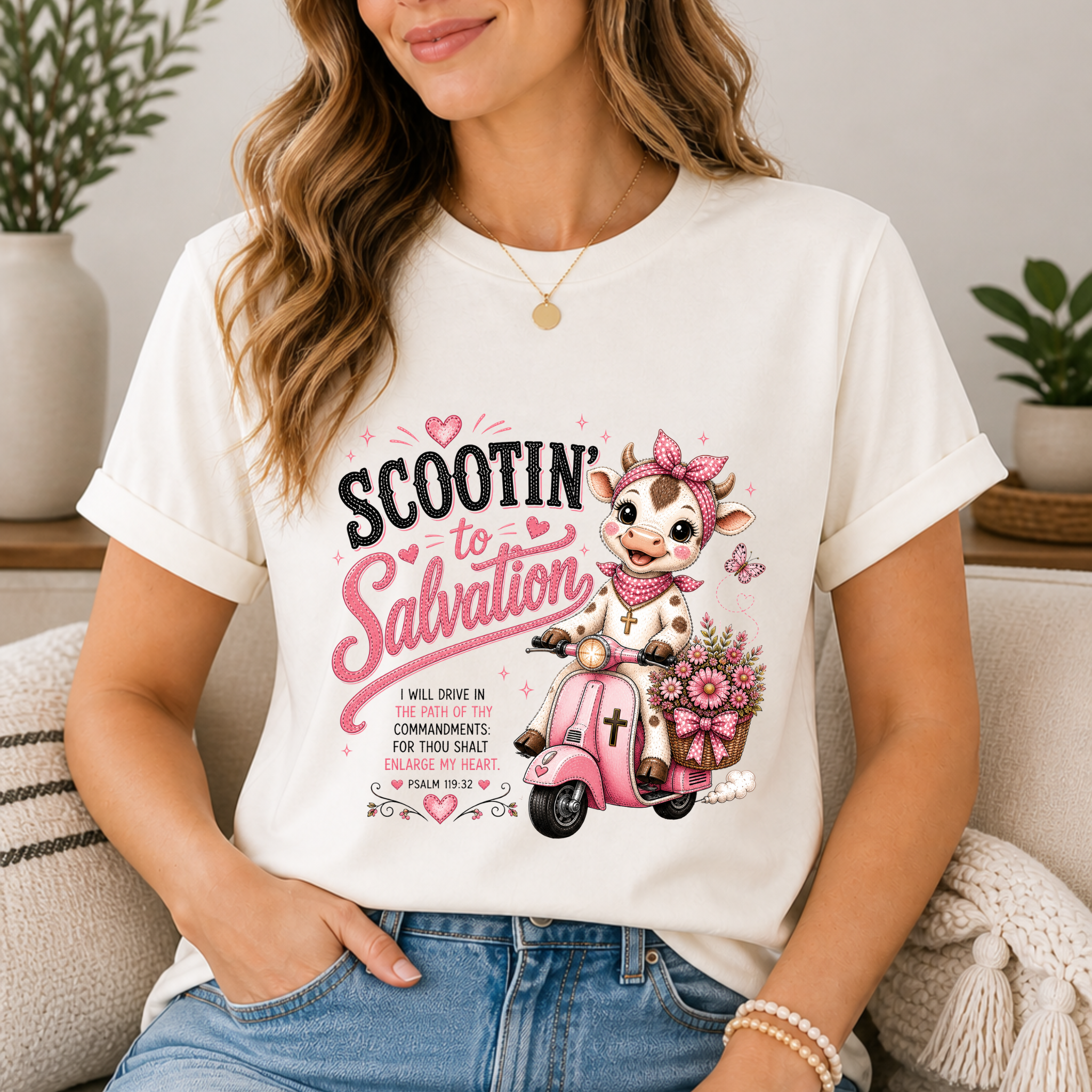 Scootin' to Salvation Cow Shirt for Women | Cute Christian Bible Verse Tee
