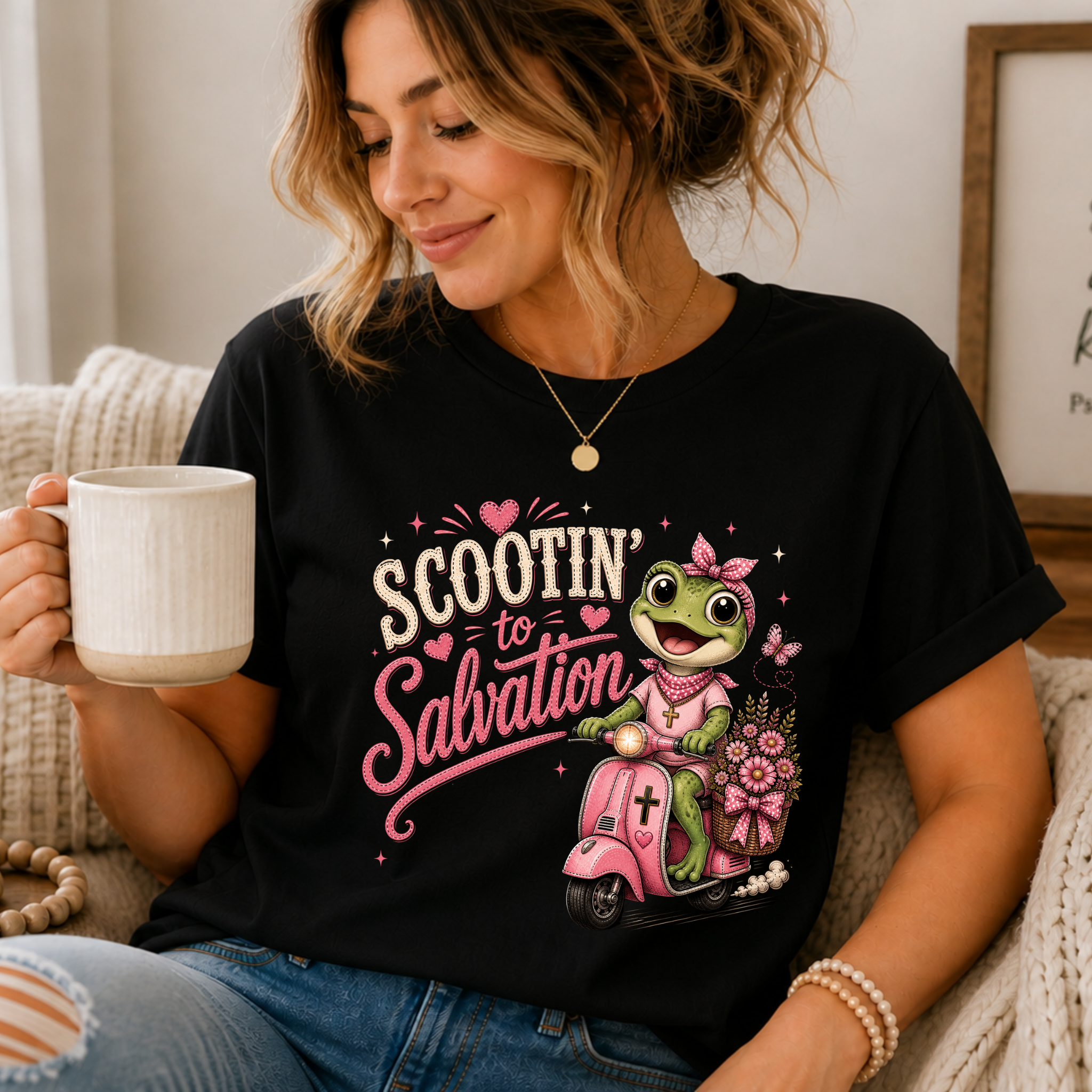 Scootin' to Salvation Frog Shirt for Women | Cute Christian Boutique Tee