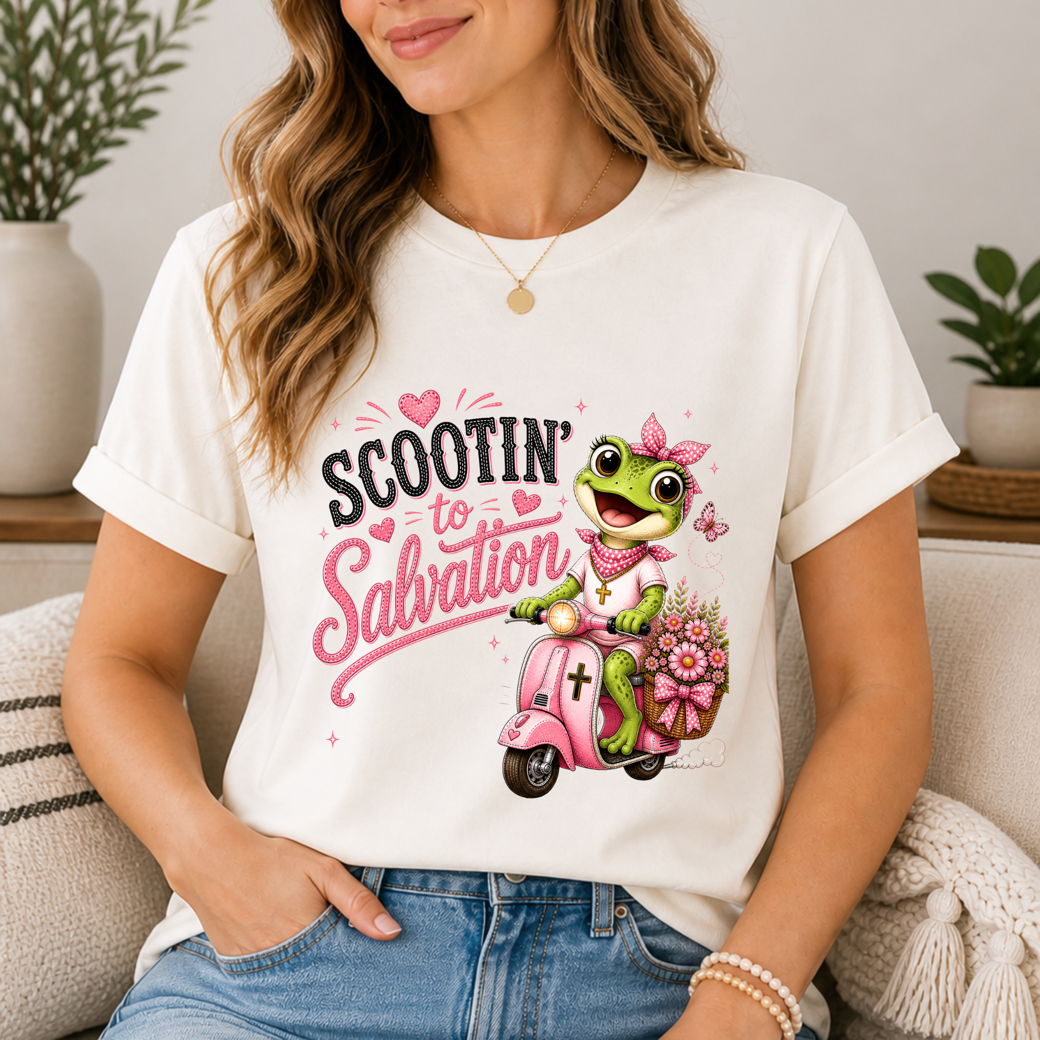 Scootin' to Salvation Frog Shirt for Women | Cute Christian Boutique Tee