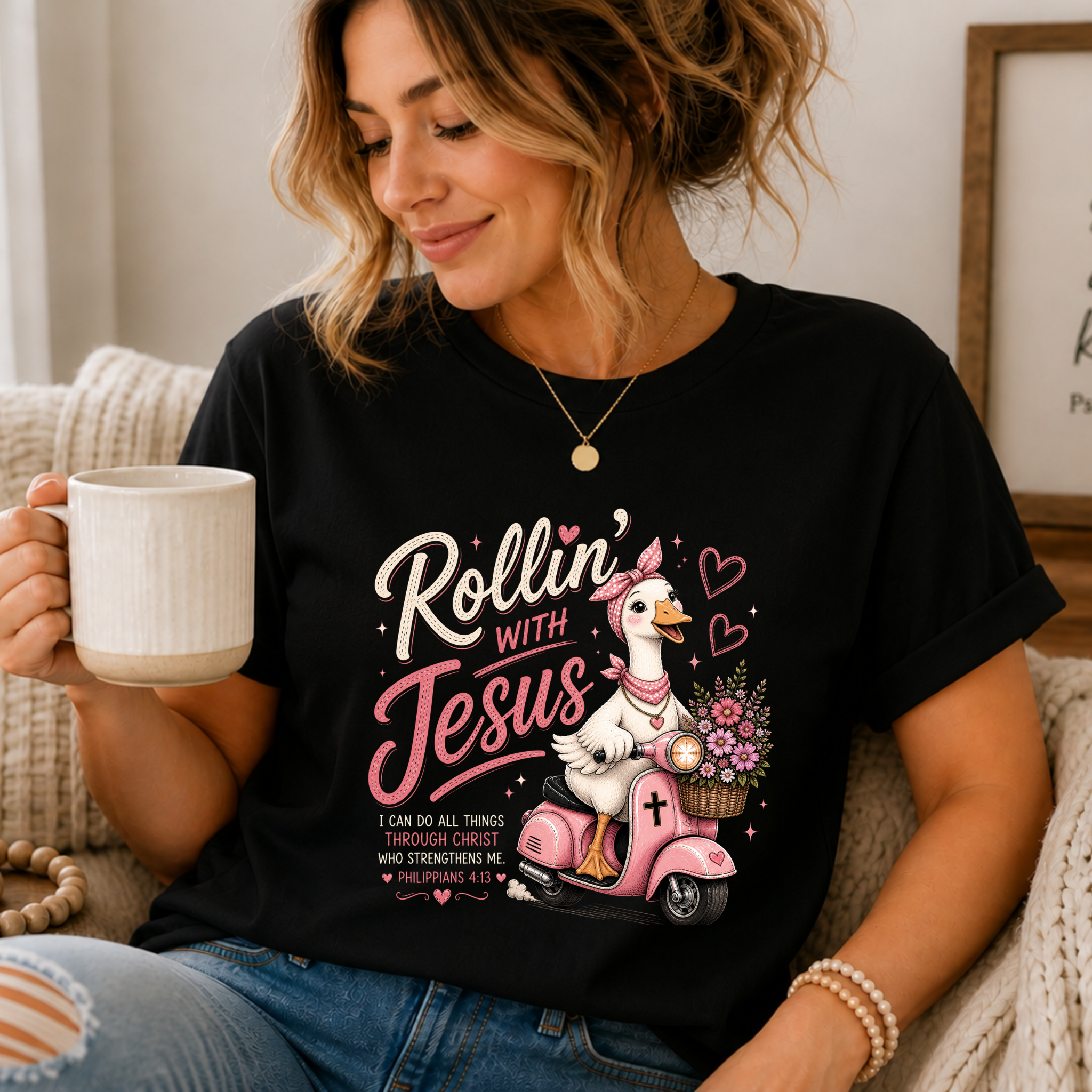 Rollin' with Jesus Goose Shirt for Women | Cute Christian Bible Verse Tee