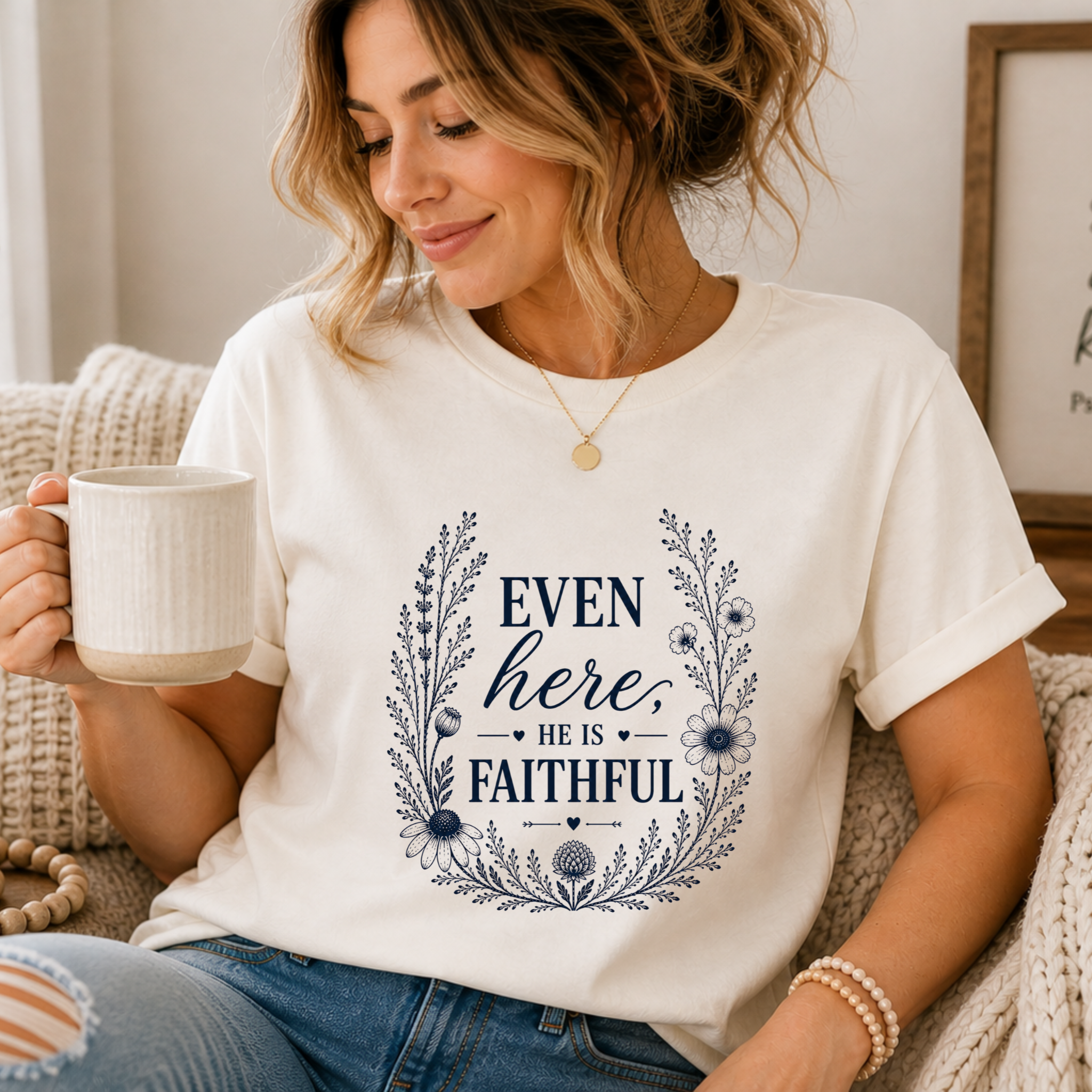 Even here he is Faithful | Inspirational Christian Tee for Women