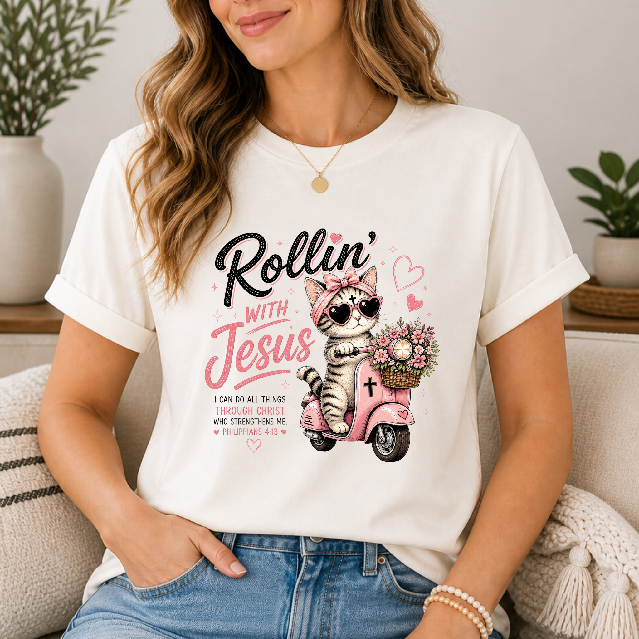 Rollin' with Jesus Cat Shirt for Women | Cute Christian Bible Verse Tee