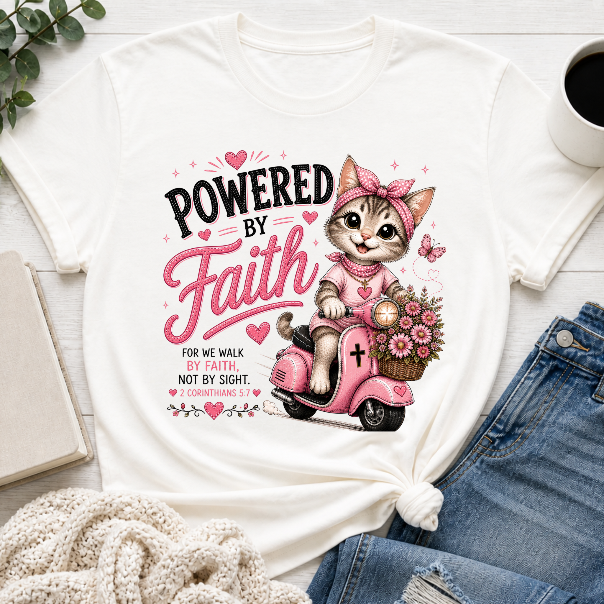 Powered by Faith Cat Shirt | Christian Girl Youth Tee | Cute Bible Verse Shirt